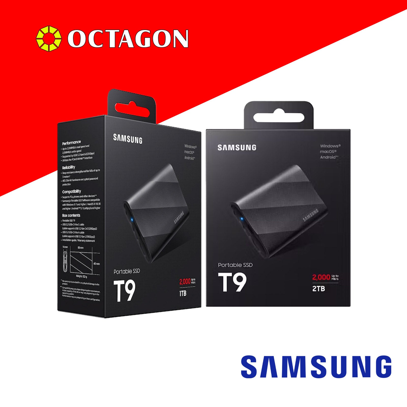 SAMSUNG T9 1TB/2TB BLACK PORTABLE EXTERNAL SOLID STATE DRIVE