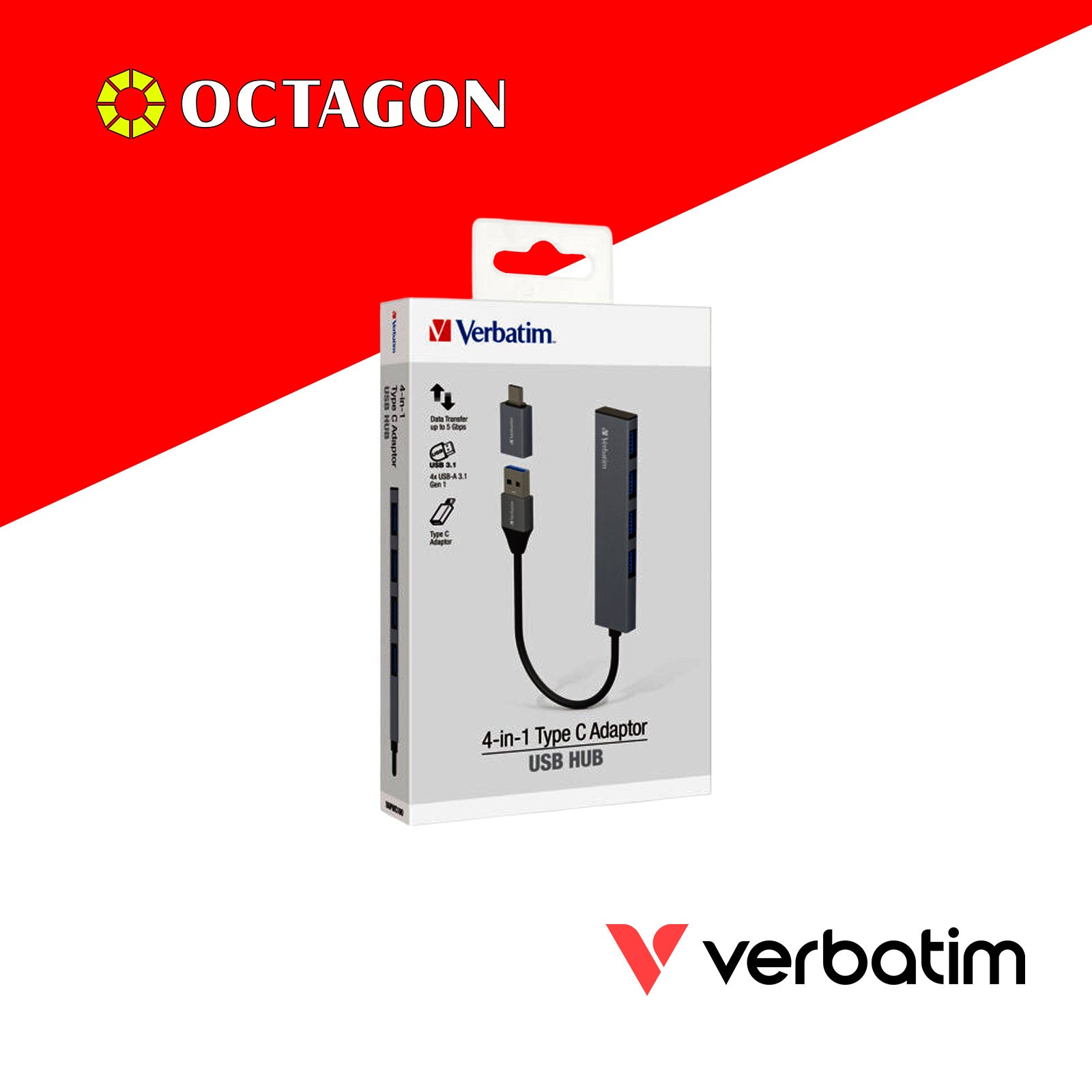 VERBATIM 66627 4-IN-1 USB3.1 HUB WITH TYPE C CONVERTER (4 PORTS*USB3.1) (GREY)