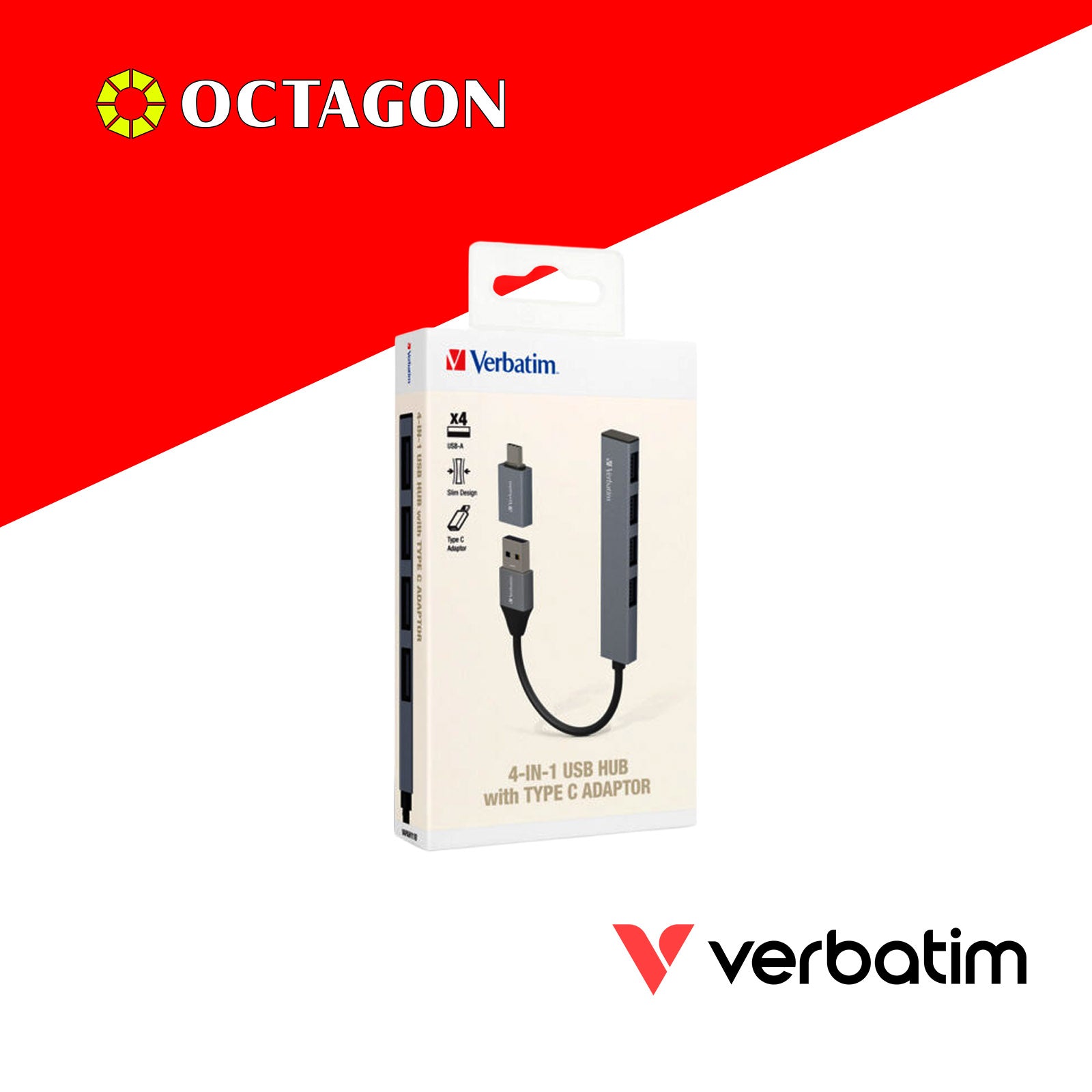 VERBATIM 66753 4-IN-1 USB-A HUB WITH TYPE C CONVERTER (4 PORTS*USB) (GREY)