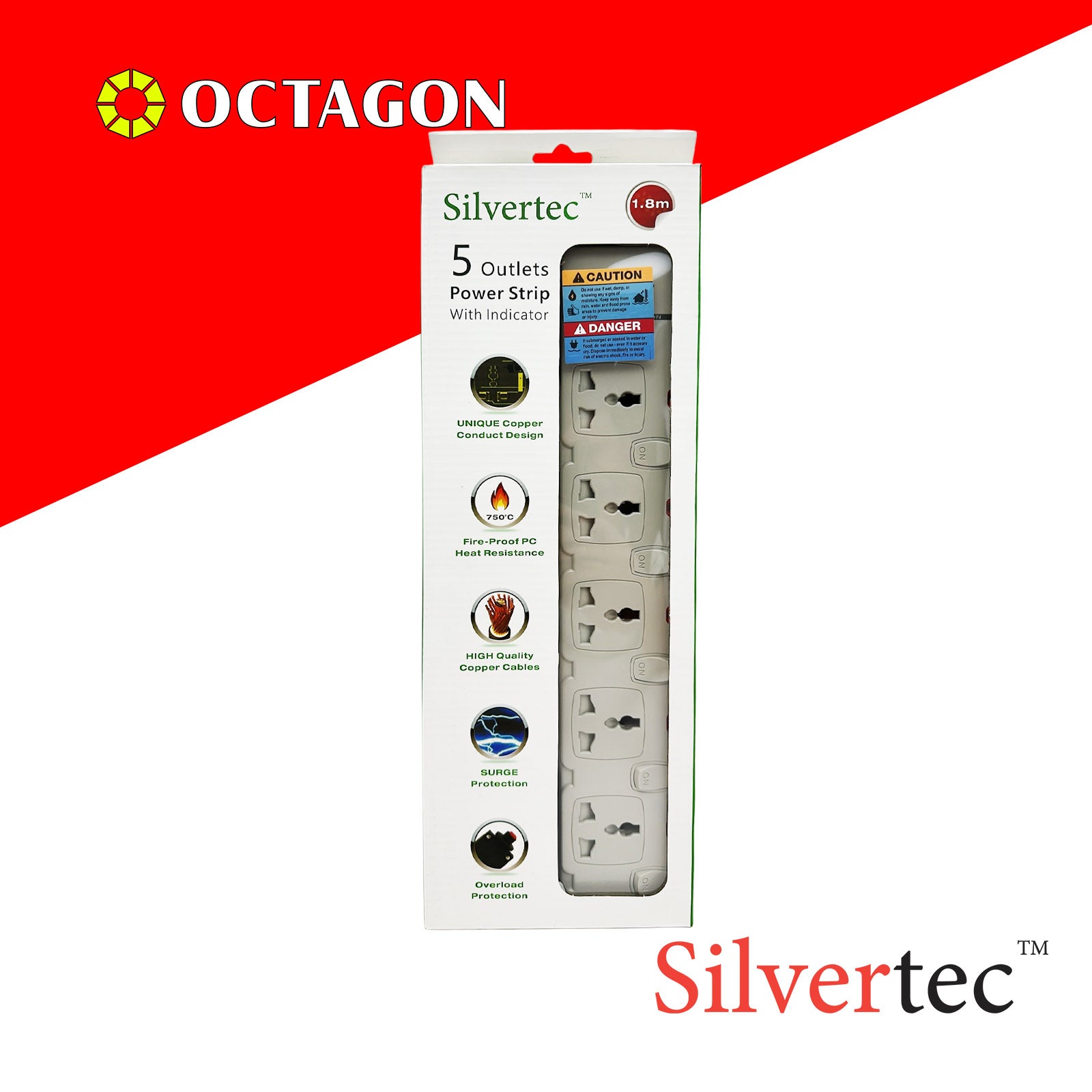 SILVERTEC NEW SV29-1.8M 5-OUTLET UNIVERSAL PLUG/ 5-SWITCH/ 1.8M/ 10A/ 2500W/ 250V IVORY POWER STRIP W/ SURGE PROTECTION