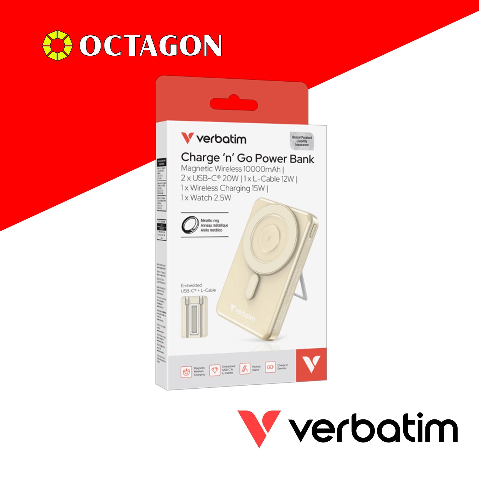 VERBATIM CHARGE N GO 10000MAH 5IN1 MAGNETIC WIRELESS W/ STAND PD 20W MWC 15W TYPE C AND NON-MFI VERSION CABLE (32221  GREY)(32233 TITANIUM)(32222 PURPLE)