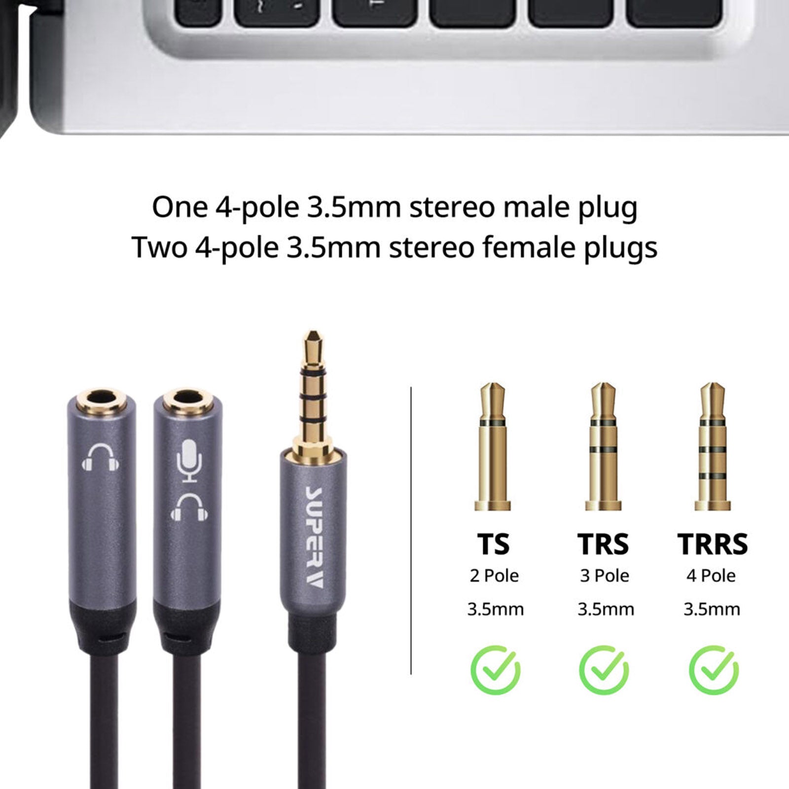 SUPERV AY30 3.5MM TRRS HEADPHONE Y 2 FEMALE / 1MALE SPLITTER CABLE