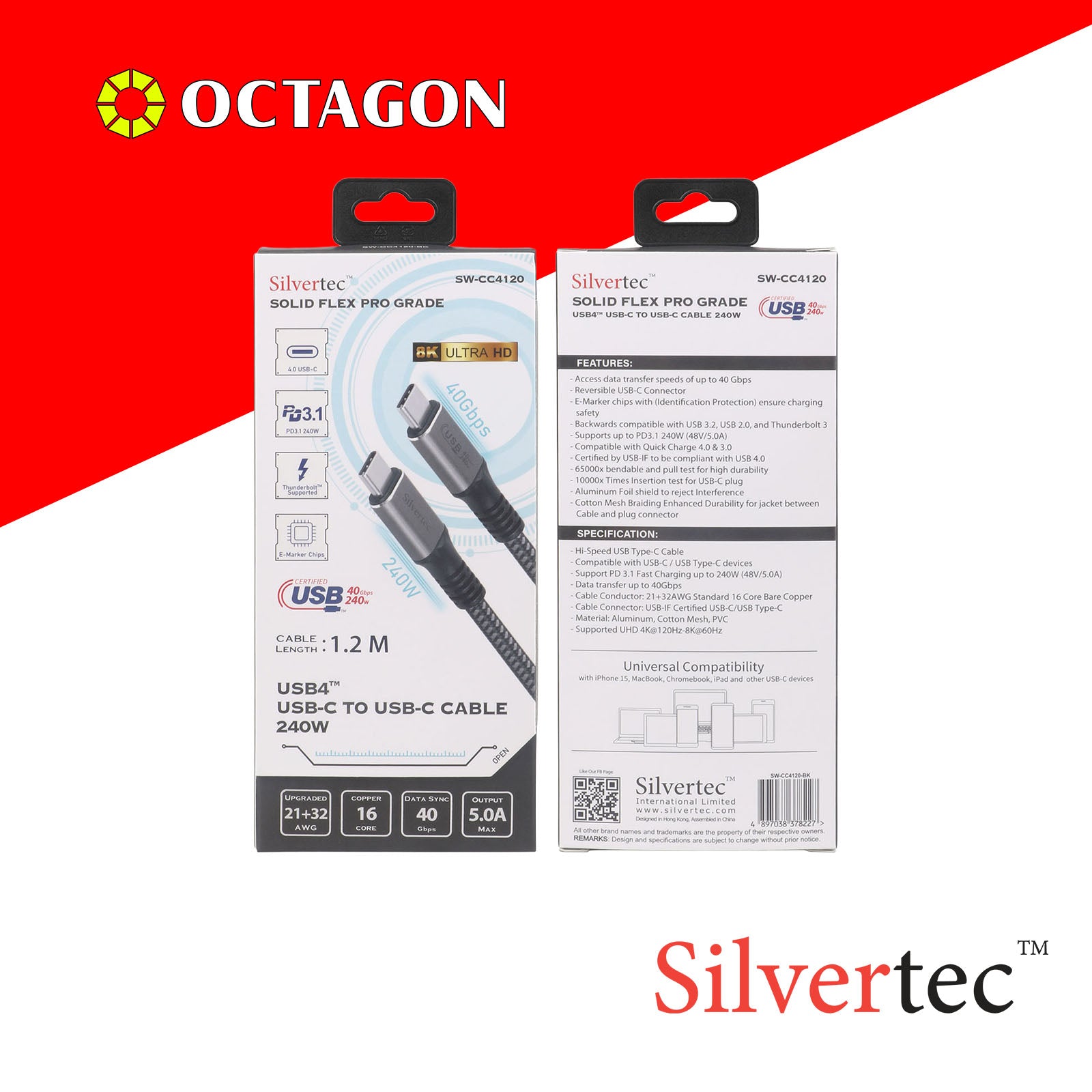 SILVERTEC SW-CC4120-BK USB4.0 C 1.2M 240W 40GBPS CABLE
