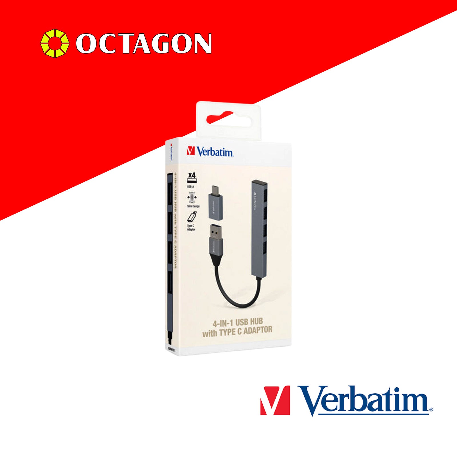 VERBATIM 66753 4-IN-1 USB-A HUB WITH TYPE C CONVERTER (4 PORTS*USB) (GREY)