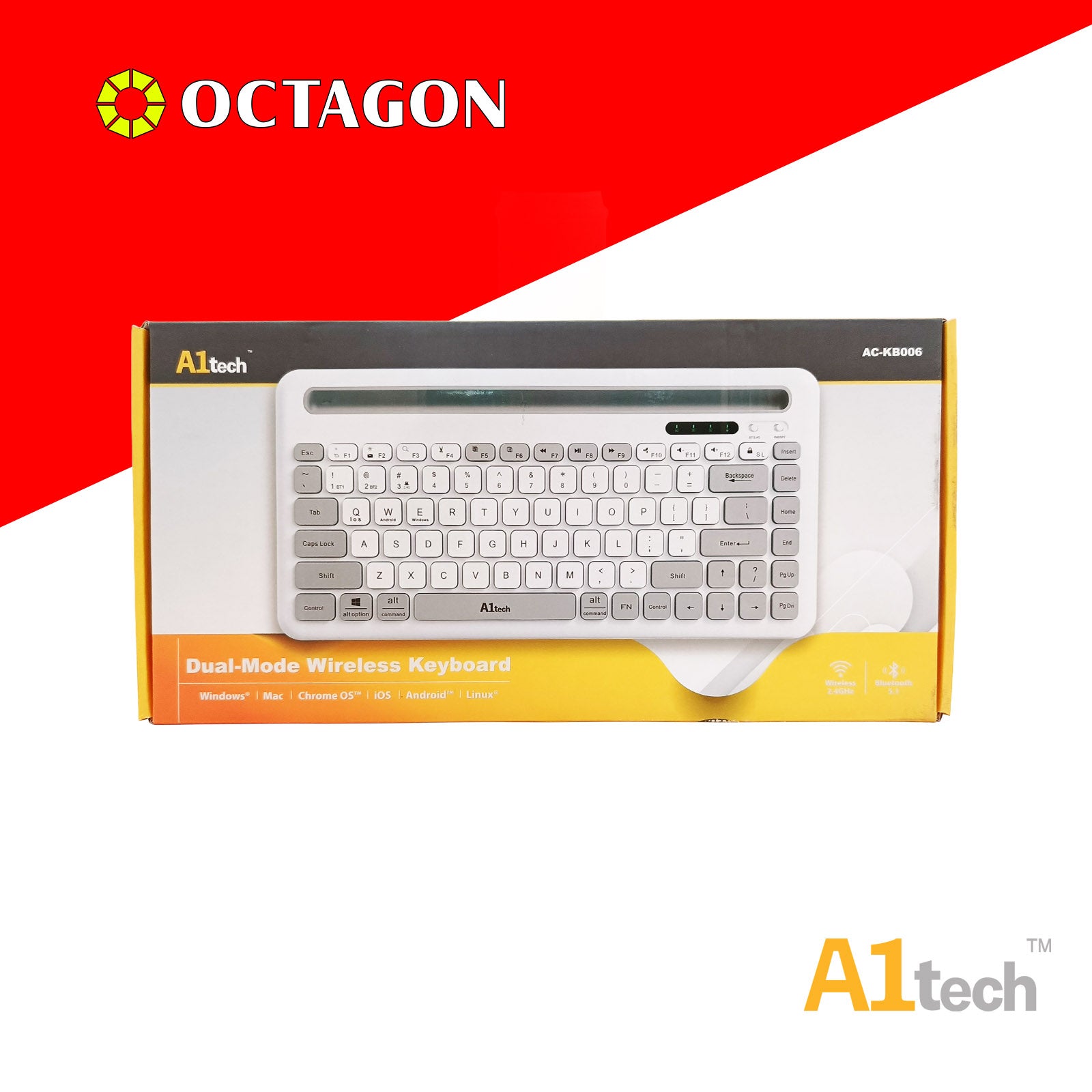 A1TECH AC-KB006-BK DUAL-MODE WIRELESS KEYBOARD 2.4G+BT / 84 KEYS / TABLET HOLDER (BLACK/WHITE)