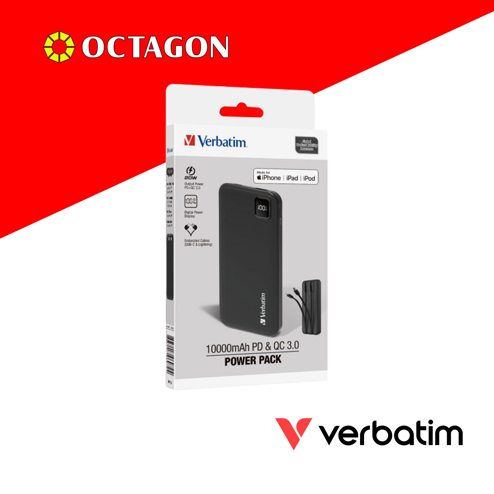 VERBATIM 66972 BLACK CHARGENGO 10K MAH 22.5W POWERBANK W/ BUILT-IN LIGHTNING & TYPE-C CABLE + DIGITAL DISPLAY PD20W / QC3.0 18W / SUPERCHARGE 22.5W