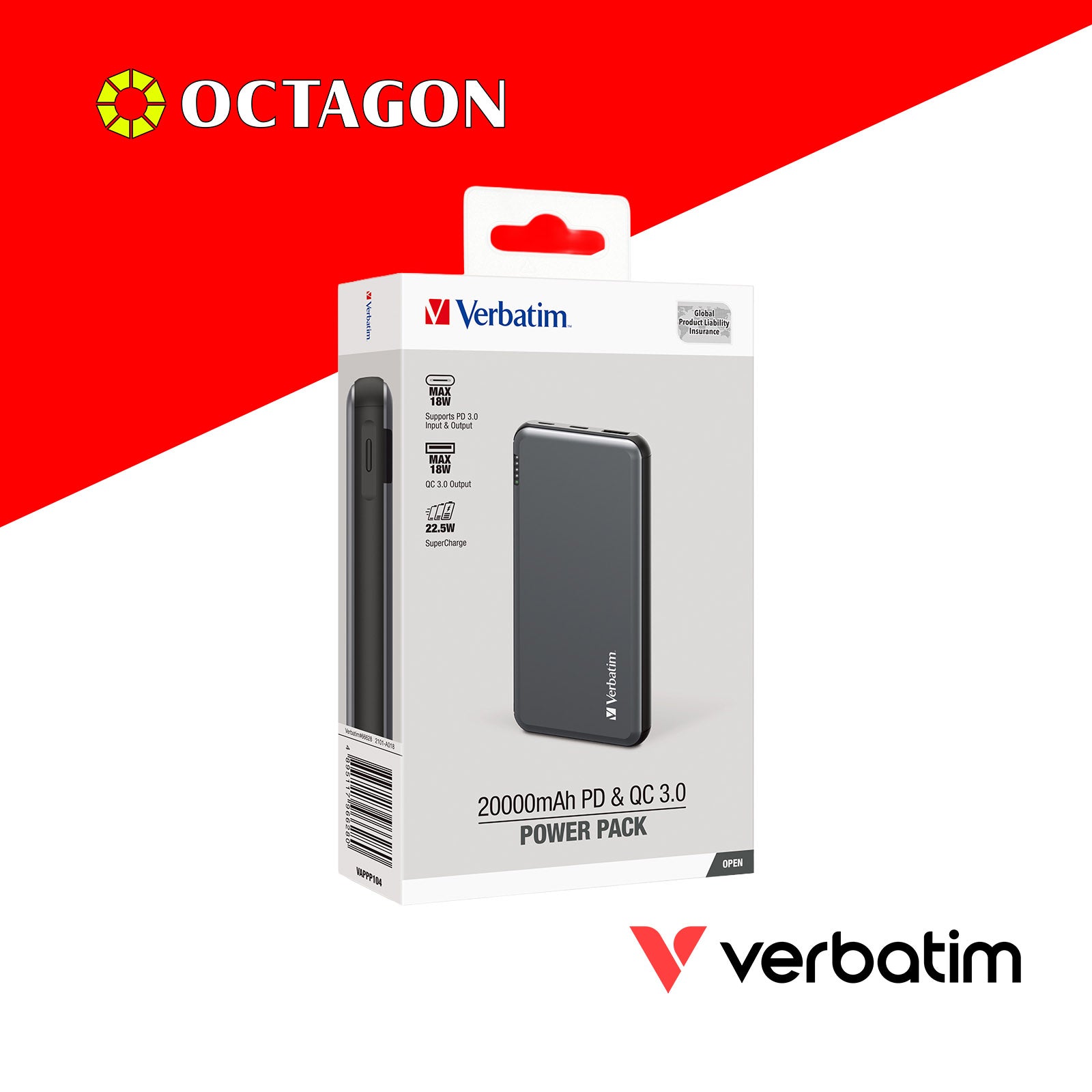 VERBATIM 66628 POWER BANK 20000MAH / 22.5W ALUMINIUM - PD + QC3.0 (GREY)