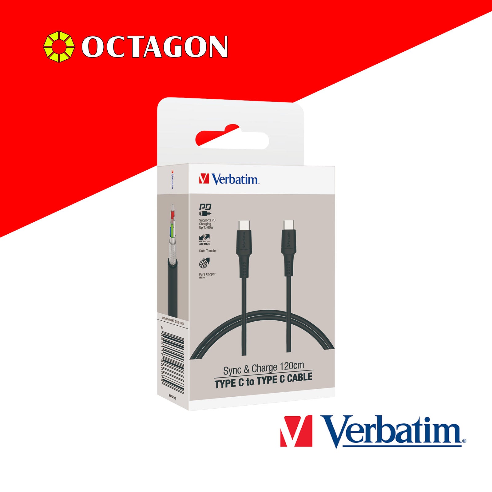 VERBATIM 66667 SYNC & CHARGE TYPE-C TO TYPE-C CABLE (PD60W & 480MBPS) 120CM (BLACK)