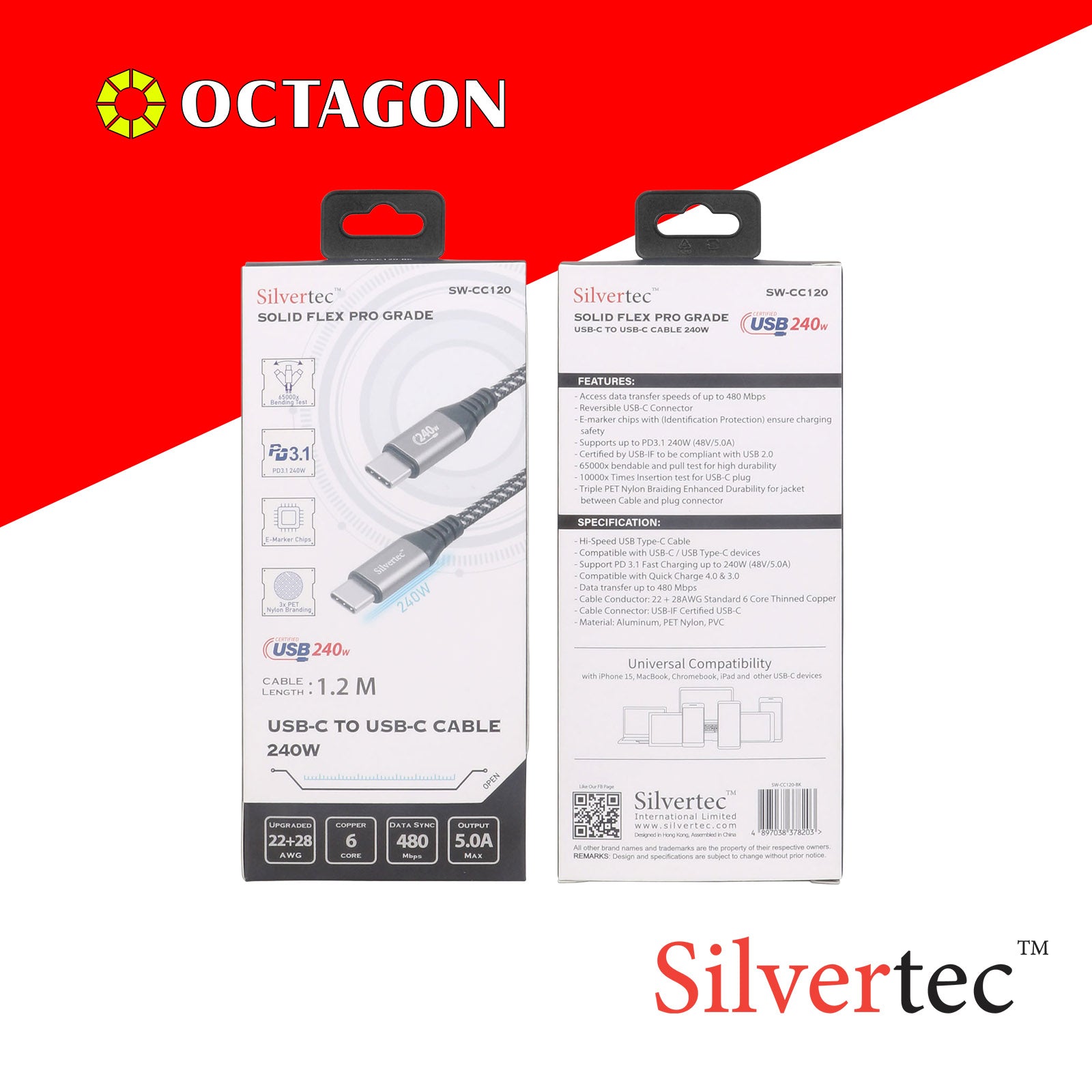 SILVERTEC SW-CC120-BK USB-C 1.2M 240W CABLE