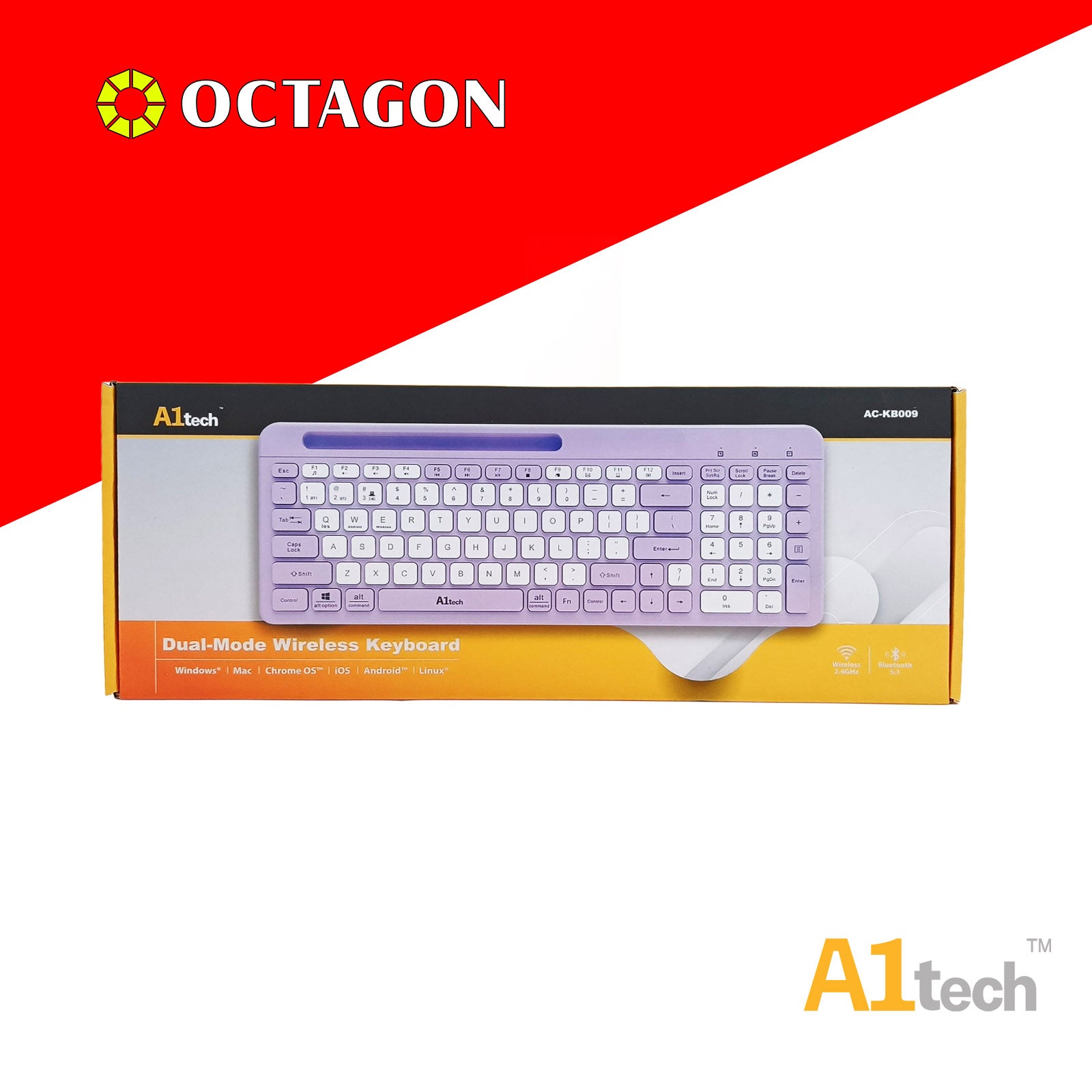 A1TECH AC-KB009-PP DUAL-MODE WIRELESS KEYBOARD 2.4G (PURPLE + WHITE)(BLACK + GREY)(PINK + WHITE)
