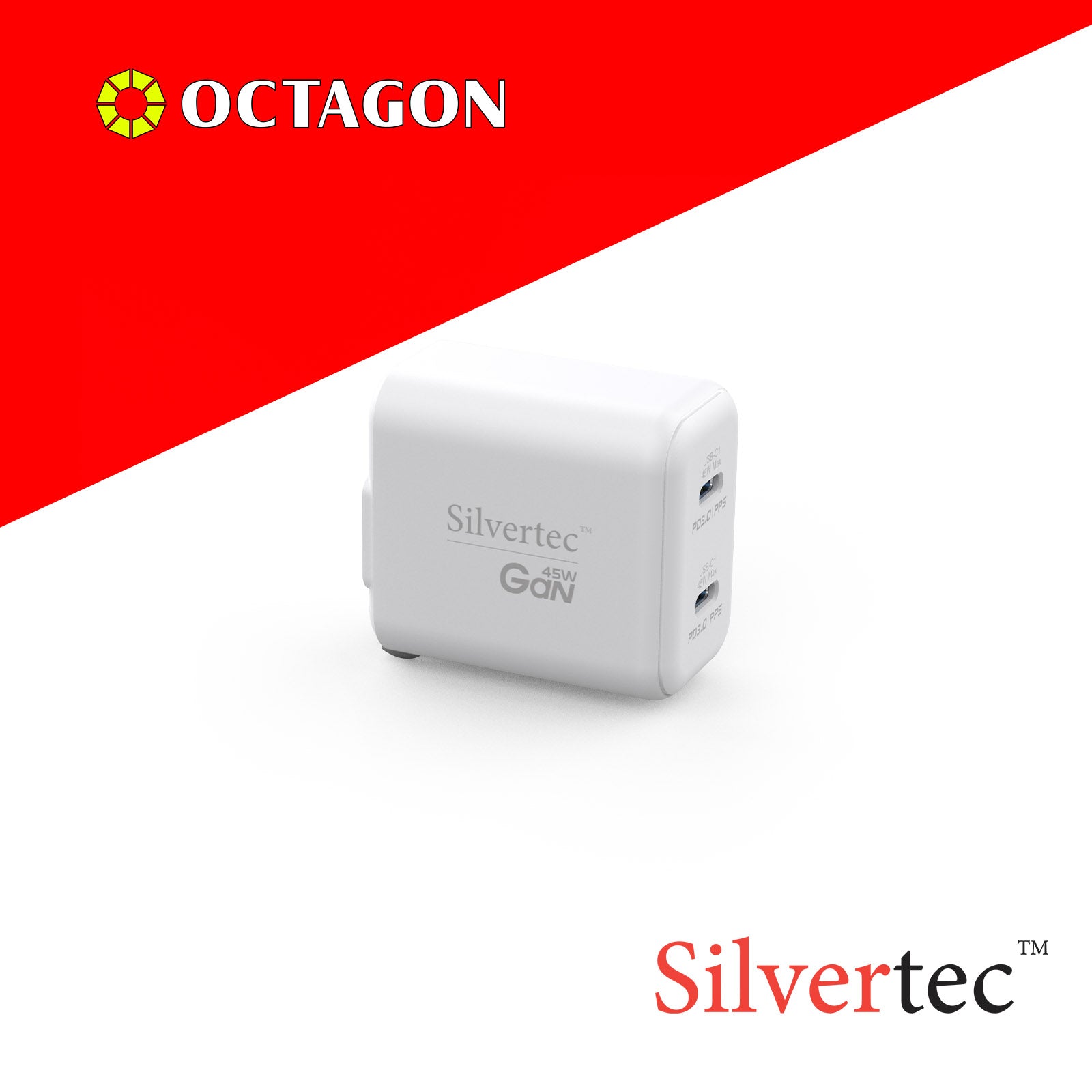 SILVERTEC ST-GW45 45W 2-USB-C PD GAN WALL CHARGER WHITE US PLUG