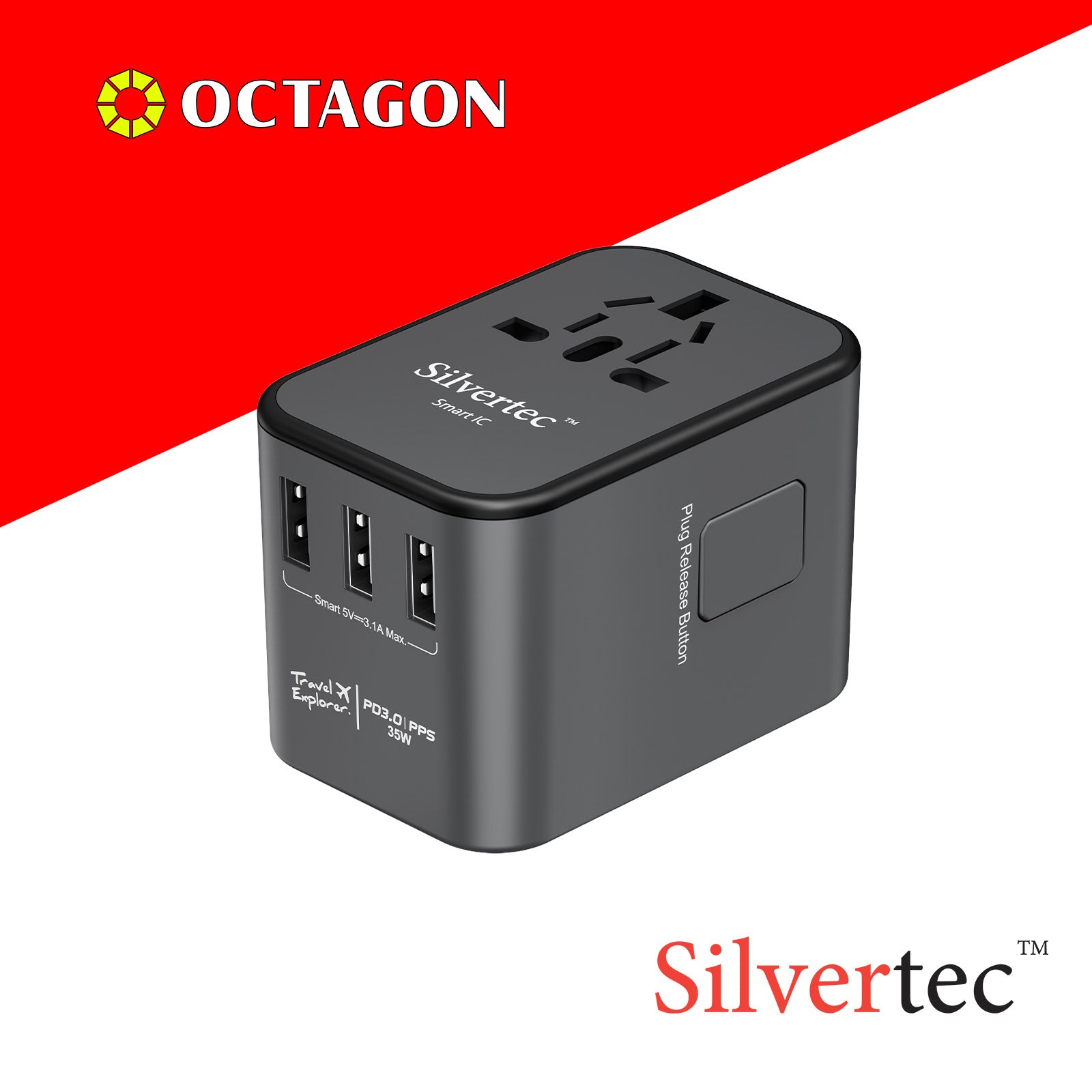 SILVERTEC SW-TE35-SG 35W GRAY 5-PORT+AC PD CHARGER TRAVEL ADAPTOR US/UK/EU/AU UNIVERSAL 3-USB-A & 2-USB-C WITH POUCH