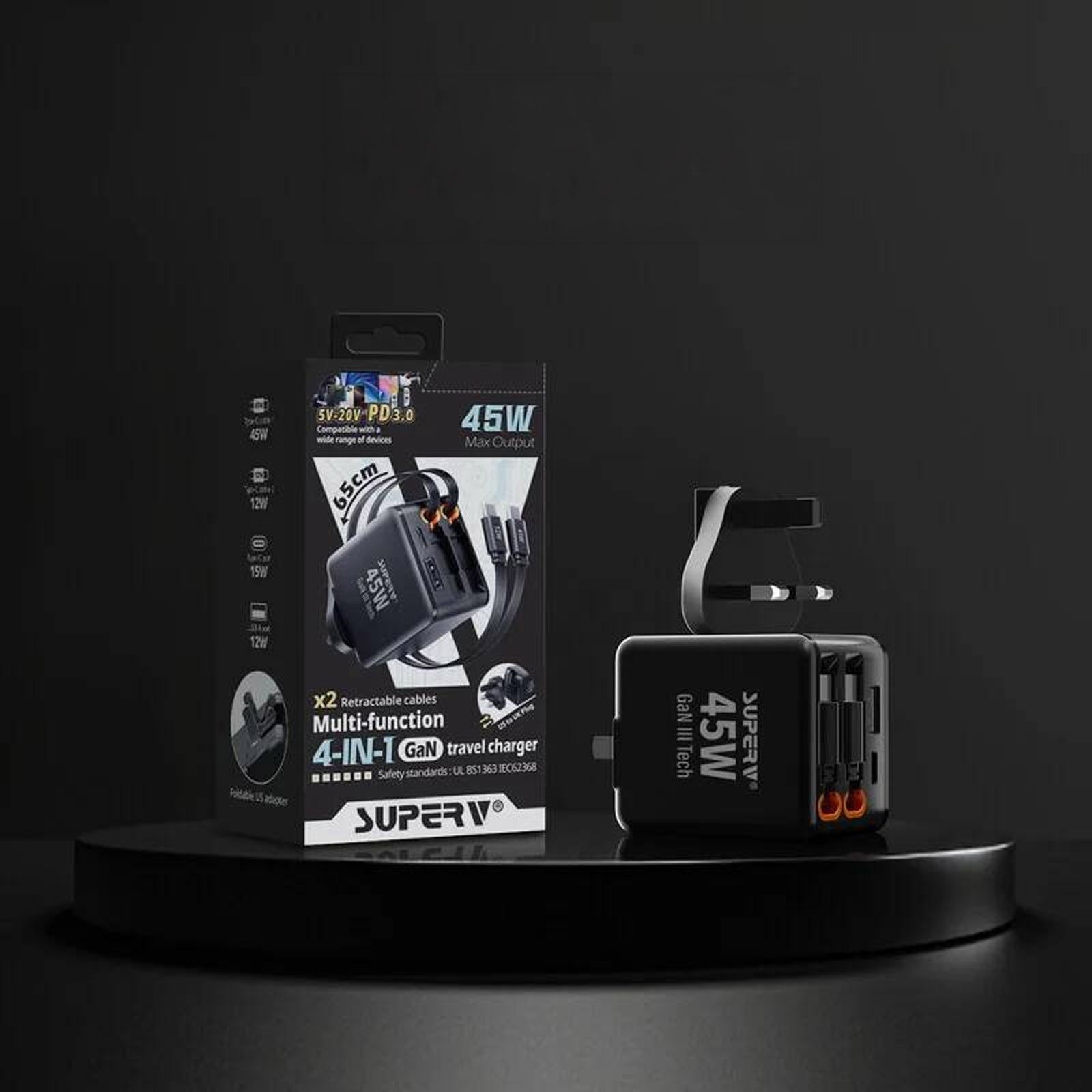 SUPERV G46 4IN1 BLACK 45W TRAVEL CHARGER WITH 2X RETRACTABLE CABLES (1 LIGHTNING + 1 TYPEC)