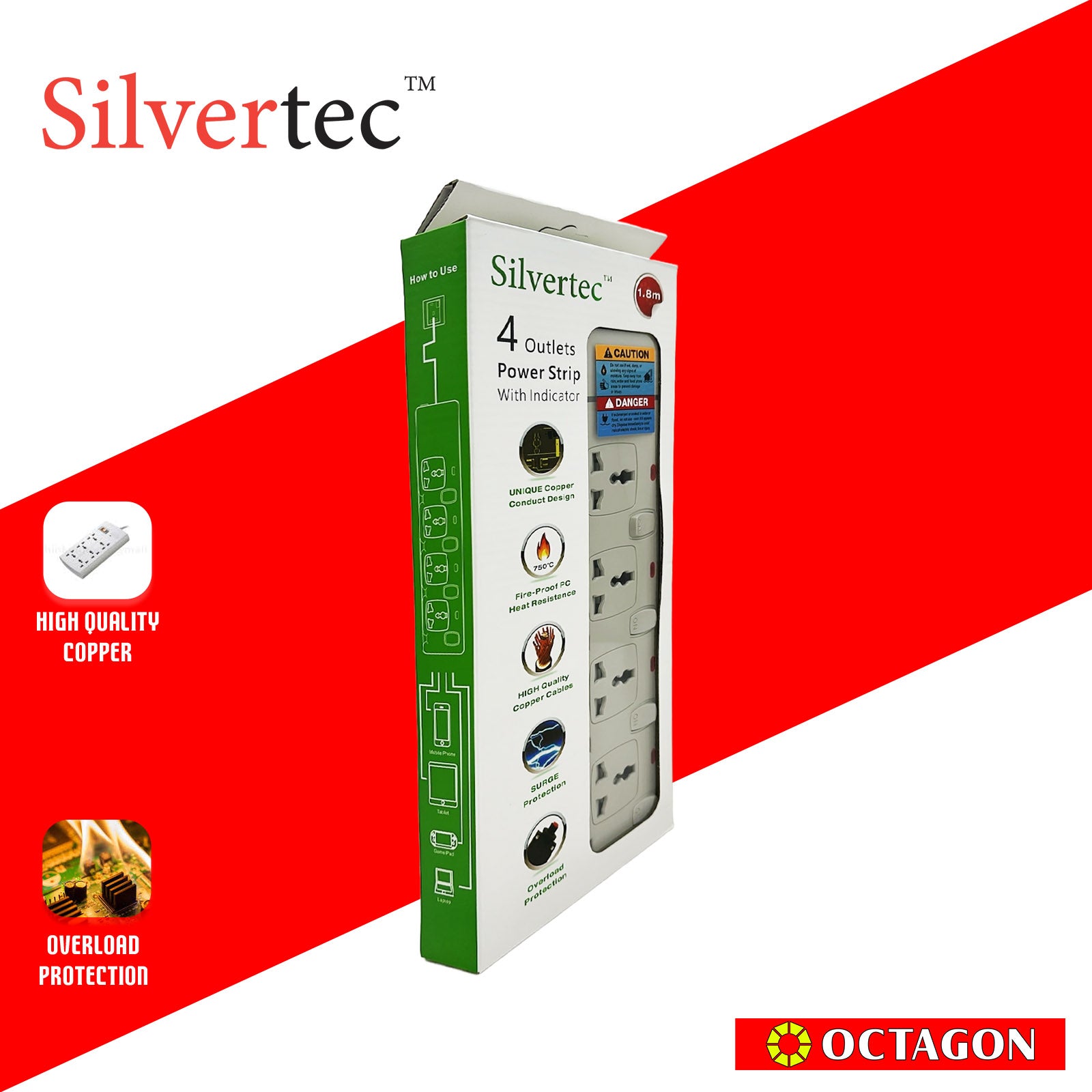 SILVERTEC NEW SV28-1.8M 4-OUTLET UNIVERSAL PLUG/ 4-SWITCH/ 1.8M/ 10A/ 2500W/ 250V IVORY POWER STRIP W/ SURGE PROTECTION