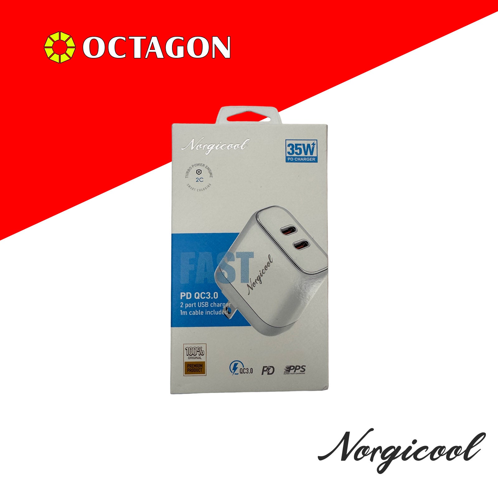 NORGICOOL NA2528C 35W 2-USB-C PD WALL CHARGER WITH C/C CABLE 1M