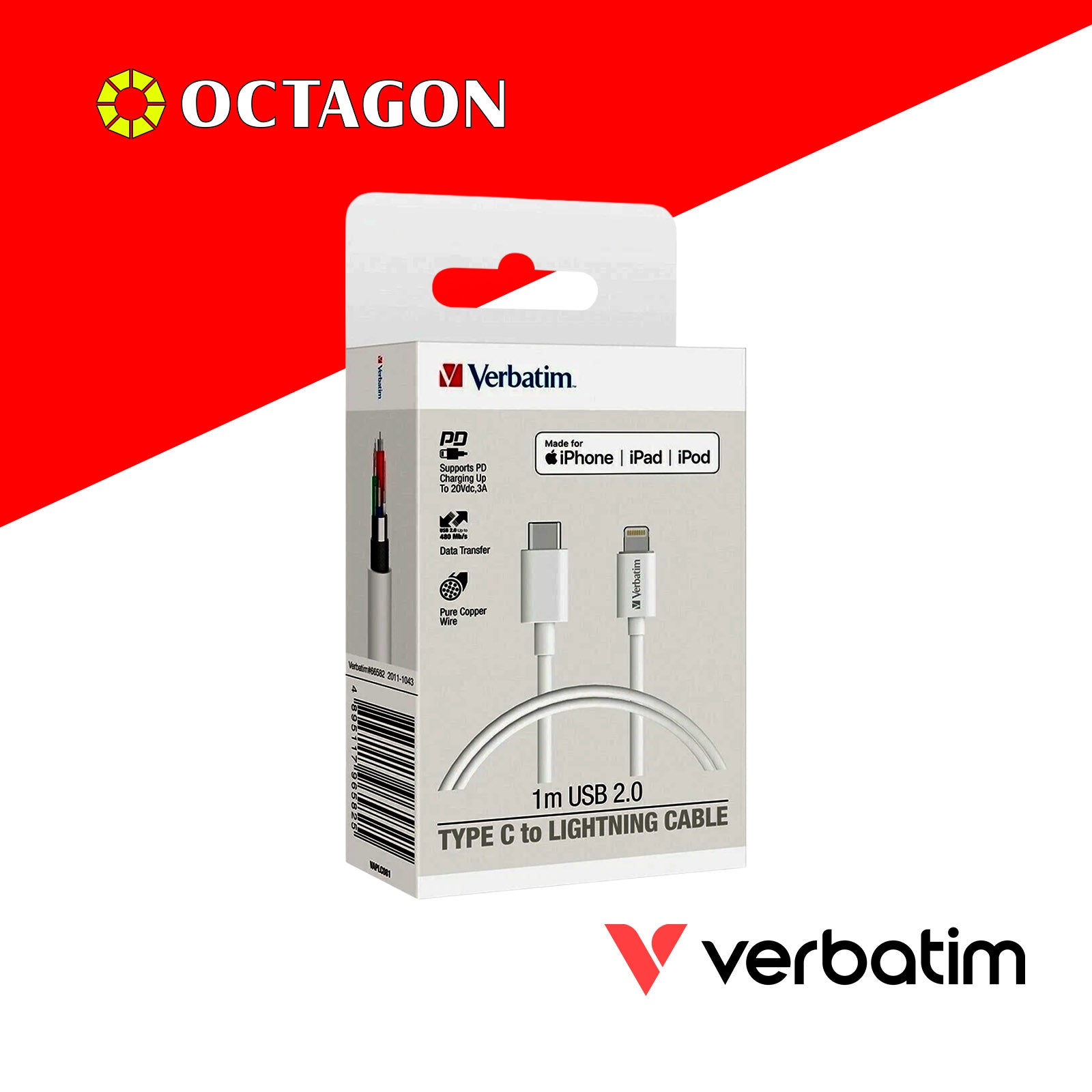VERBATIM 66582 LIGHTNING TO USB-C CABLE WHITE 1M
