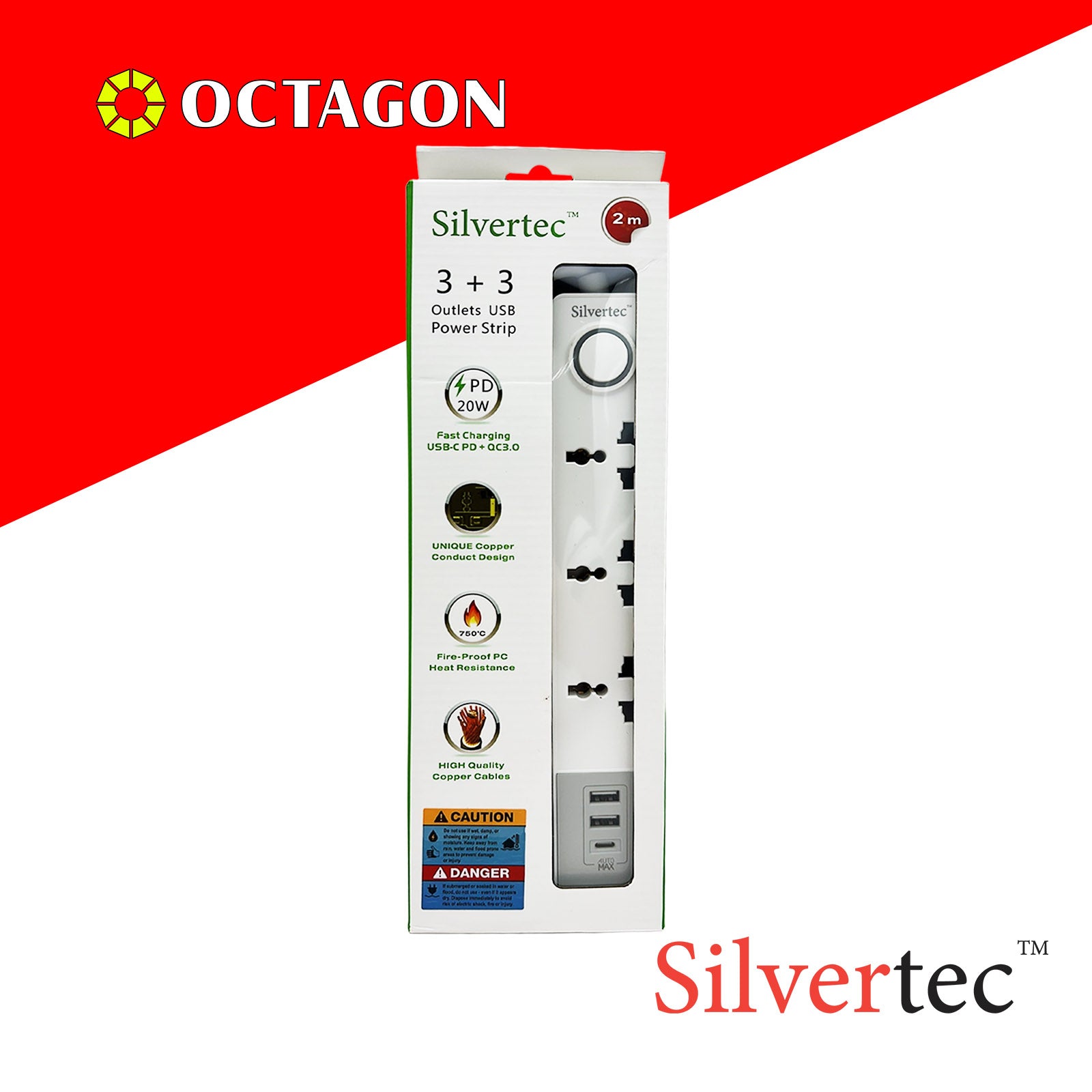 SILVERTEC SV68(2M) 3-OUTLET UNIVERSAL PLUG/ 2 USB Port/ 1 TYPE C PD20 W/ 10A/ 2500W/ 250V/ POWER STRIP SURGE PROTECTOR