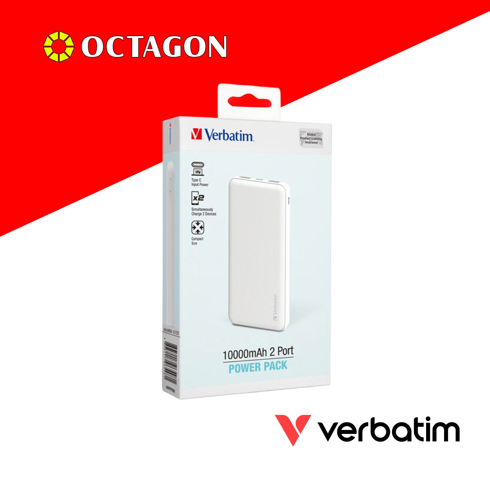 VERBATIM 66548 GRID PATTERN POWER BANK DUAL 10000 MAH INPUT/OUTPUT (TYPE-C AND MICRO USB POWER INPUT) WHITE