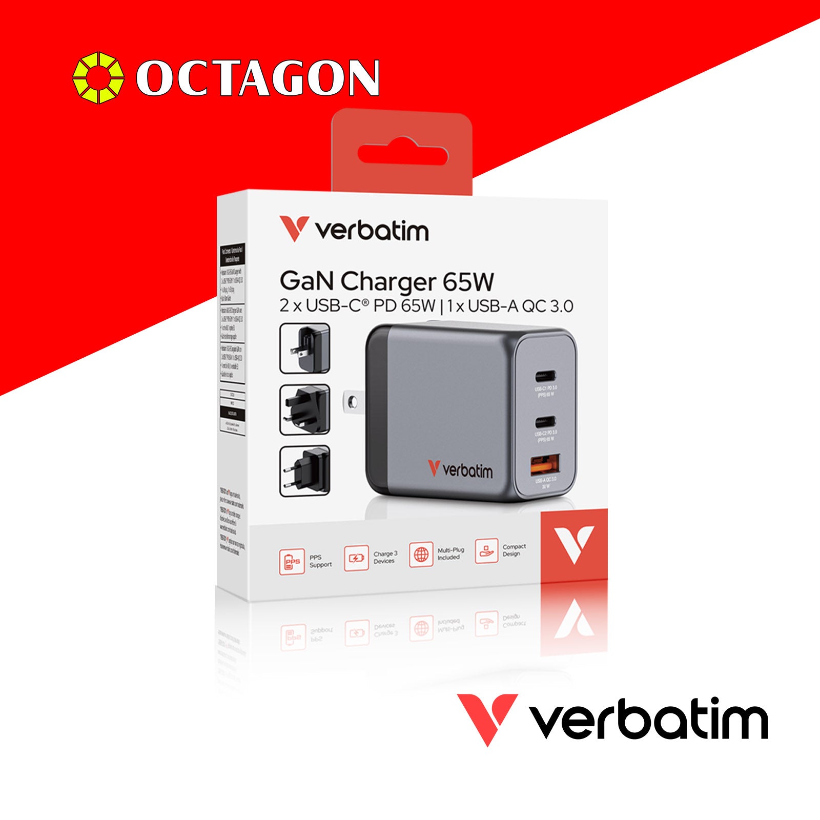 VERBATIM 32201 GNC-65 GAN CHARGER 3 PORT 65W USB A/C (EU/UK/US)