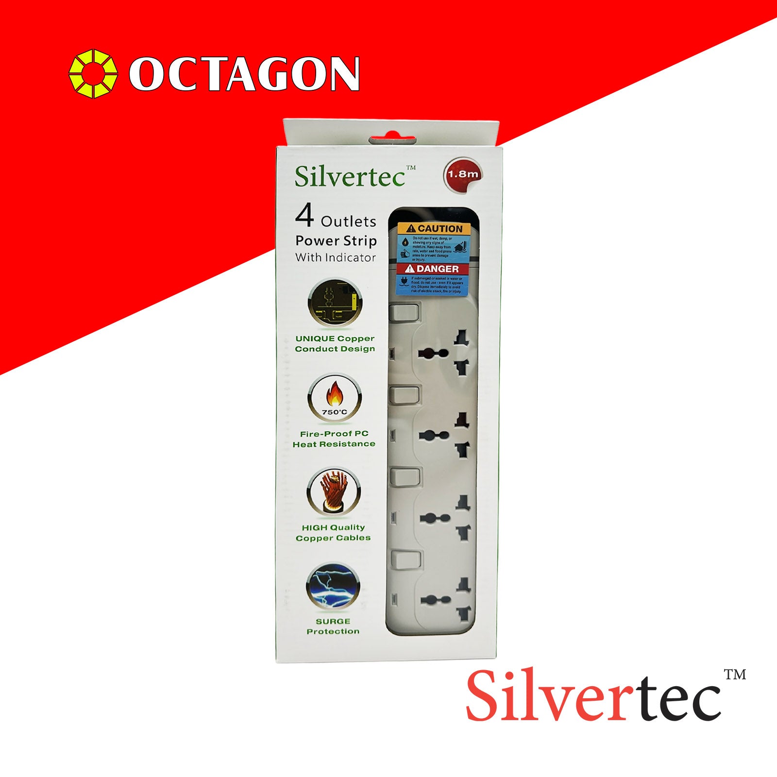SILVERTEC NEW SV38-1.8M 4-OUTLET UNIVERSAL PLUG/ 4-SWITCH/ 1.8M/ 10A/ 2500W/ 250V IVORY POWER STRIP W/ SURGE PROTECTION
