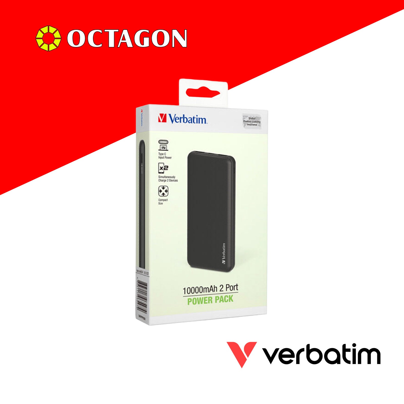 VERBATIM 66547 GRID PATTERN POWER BANK DUAL 10000 MAH INPUT/OUTPUT (TYPE-C AND MICRO USB POWER INPUT) BLACK