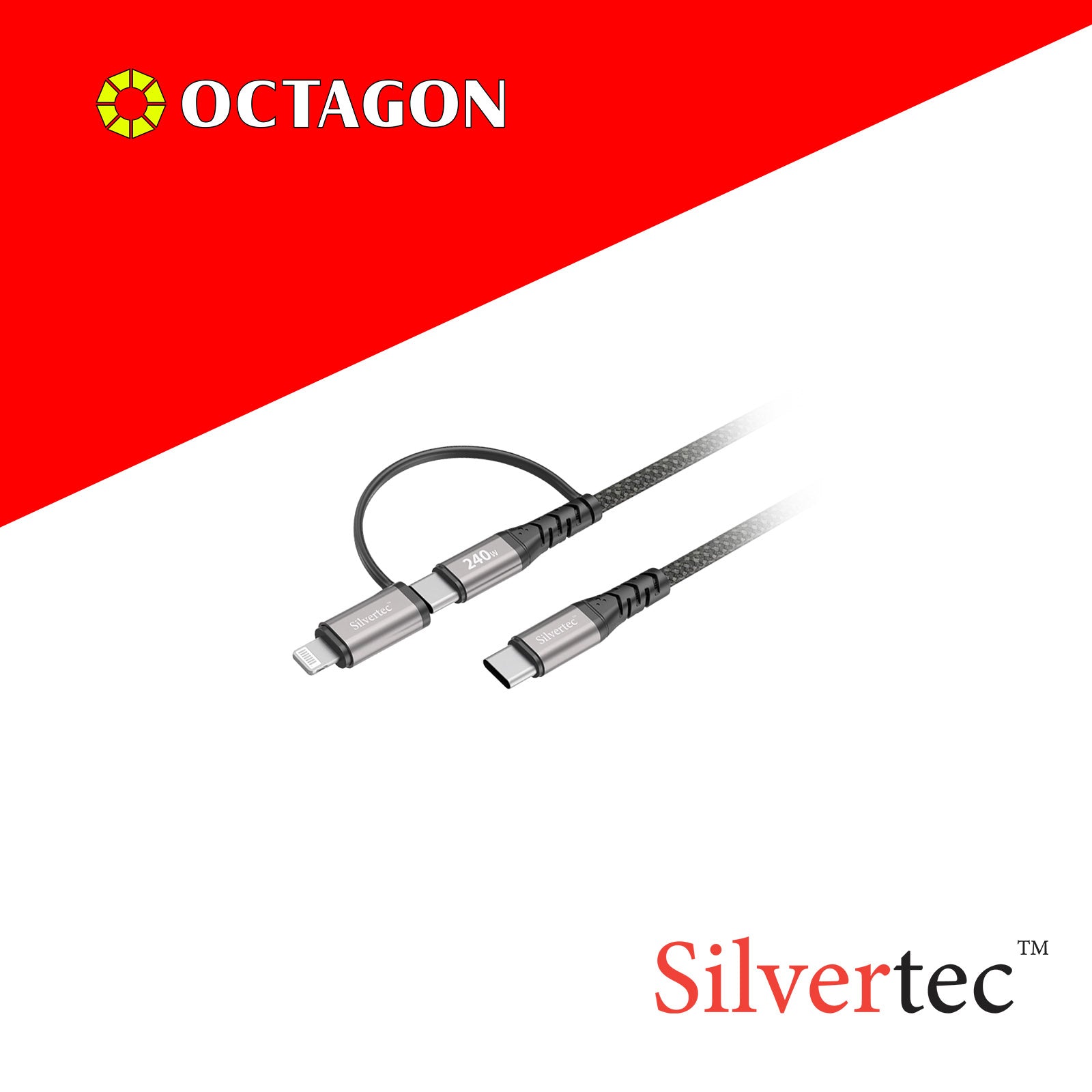 SILVERTEC STK-2CL120 2 IN 1 USB-C TO USB-C 240W WITH LIGHTNING ADAPTER CABLE 1.2M BLACK/WHITE (MFI)