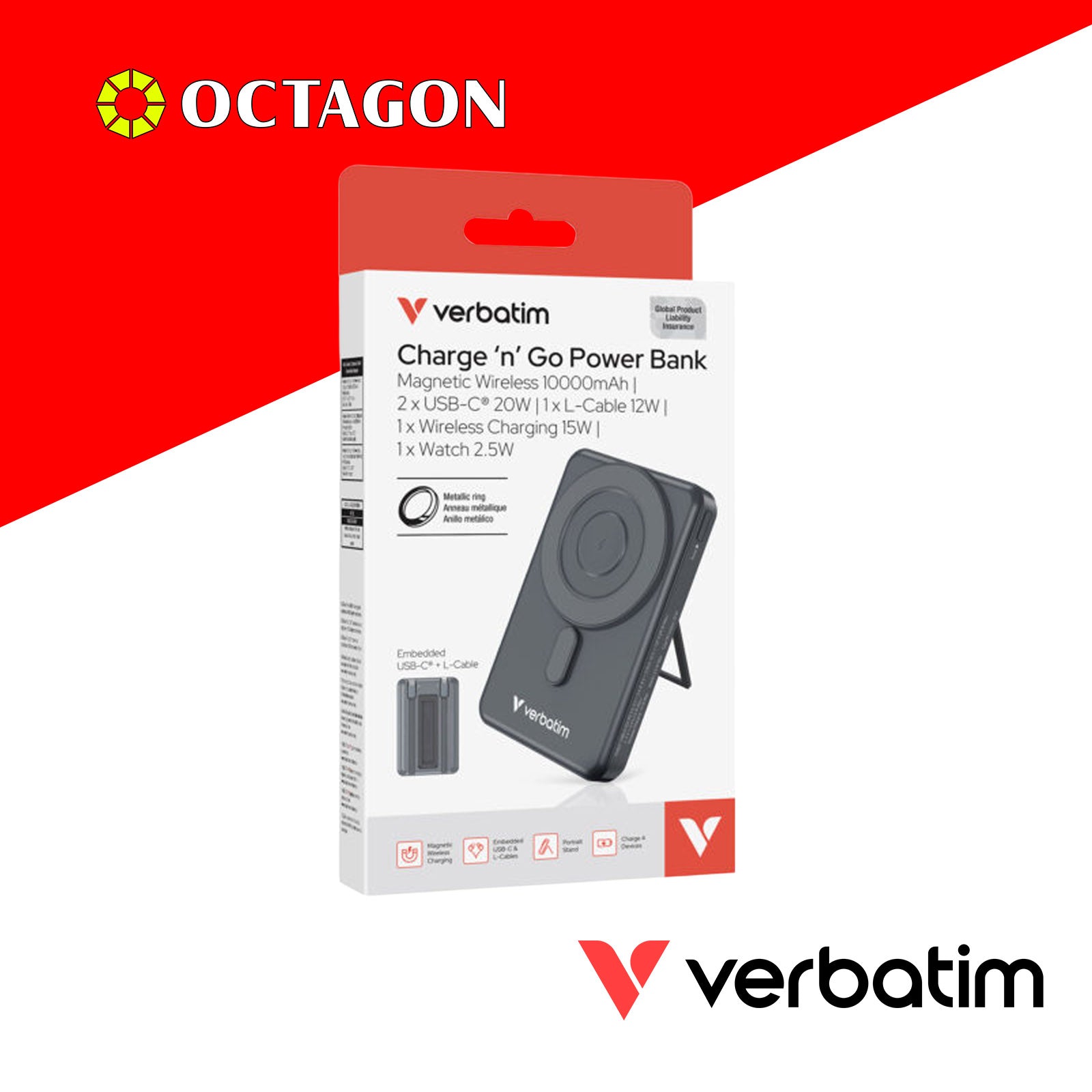 VERBATIM CHARGE N GO 10000MAH 5IN1 MAGNETIC WIRELESS W/ STAND PD 20W MWC 15W TYPE C AND NON-MFI VERSION CABLE (32221  GREY)(32233 TITANIUM)(32222 PURPLE)