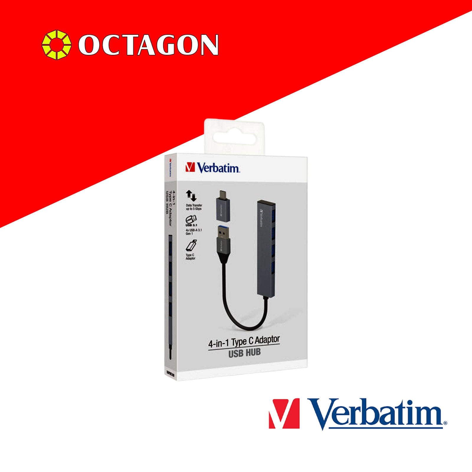 VERBATIM 66627 4-IN-1 USB3.1 HUB WITH TYPE C CONVERTER (4 PORTS*USB3.1) (GREY)