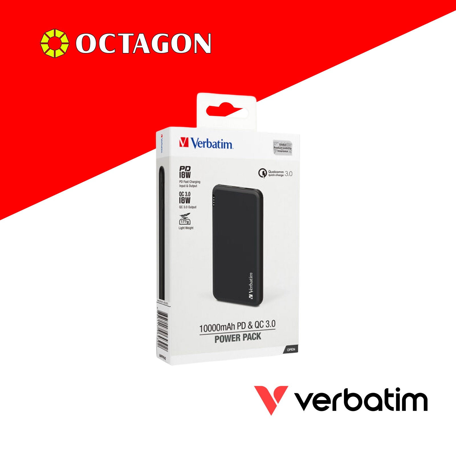 VERBATIM 66439 10000MAH LIGHTWEIGHT POWER PACK PD 18W + QC 3.0 18W (GREY)