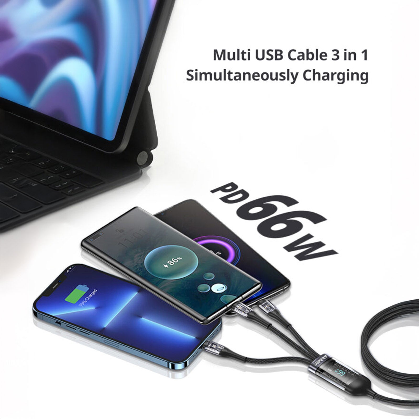 SUPERV RT66 BLACK (3 IN 1) CABLE 1.2M (OUTPUT TYPE C/ MICRO USB/ LIGHTNING/ INPUT USBA)