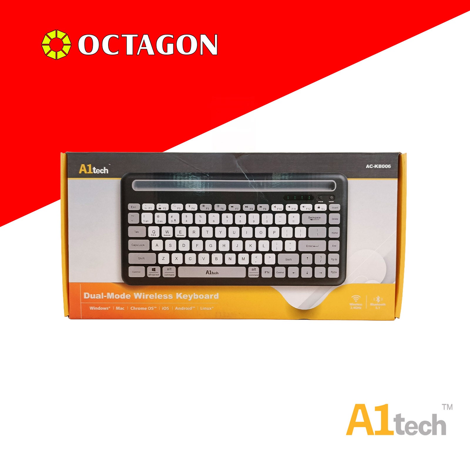 A1TECH AC-KB006-BK DUAL-MODE WIRELESS KEYBOARD 2.4G+BT / 84 KEYS / TABLET HOLDER (BLACK/WHITE)