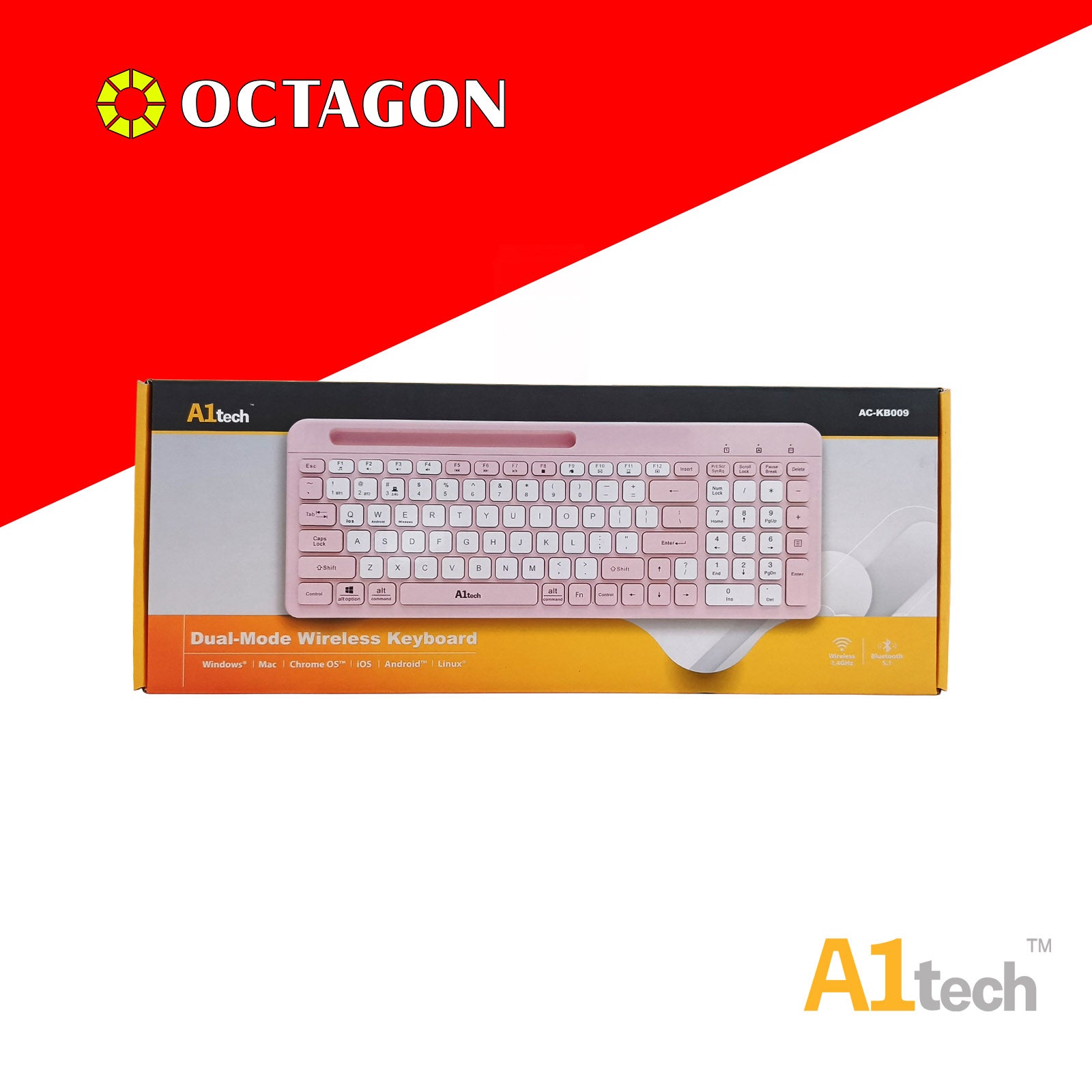 A1TECH AC-KB009-PP DUAL-MODE WIRELESS KEYBOARD 2.4G (PURPLE + WHITE)(BLACK + GREY)(PINK + WHITE)