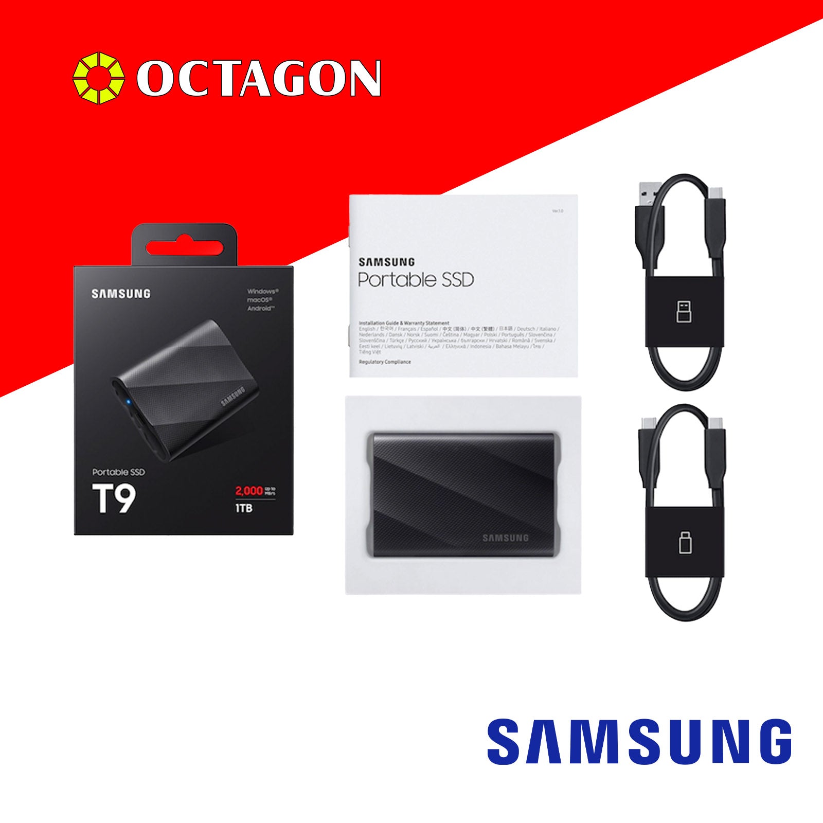 SAMSUNG T9 1TB/2TB BLACK PORTABLE EXTERNAL SOLID STATE DRIVE