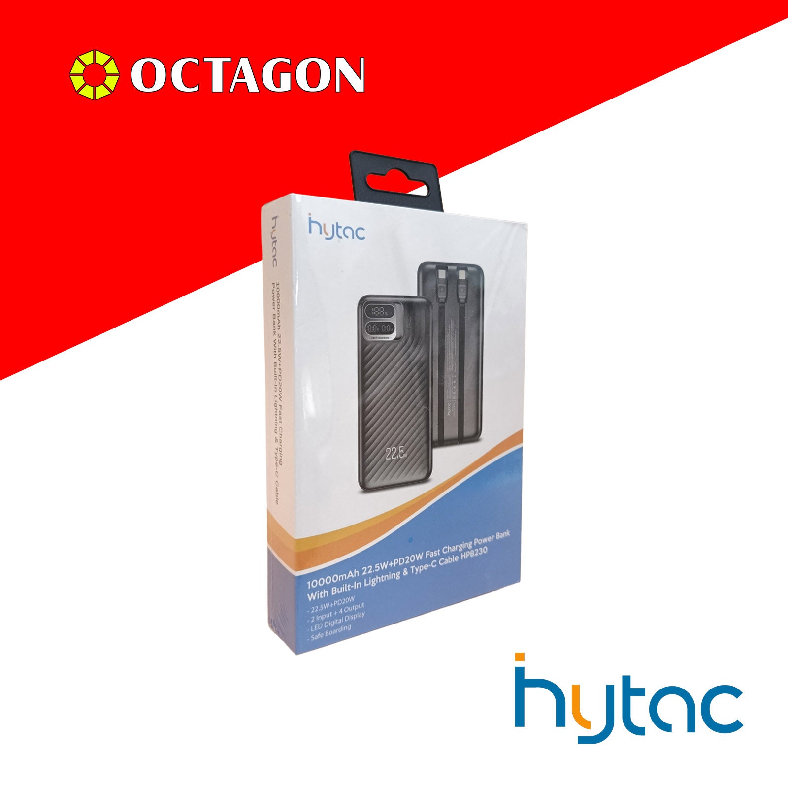 HYTAC HPB230 BLACK 10000 MAH FAST CHARGING POWER BANK WITH LIGHTNING & PD 22.5W TYPE C CABLE