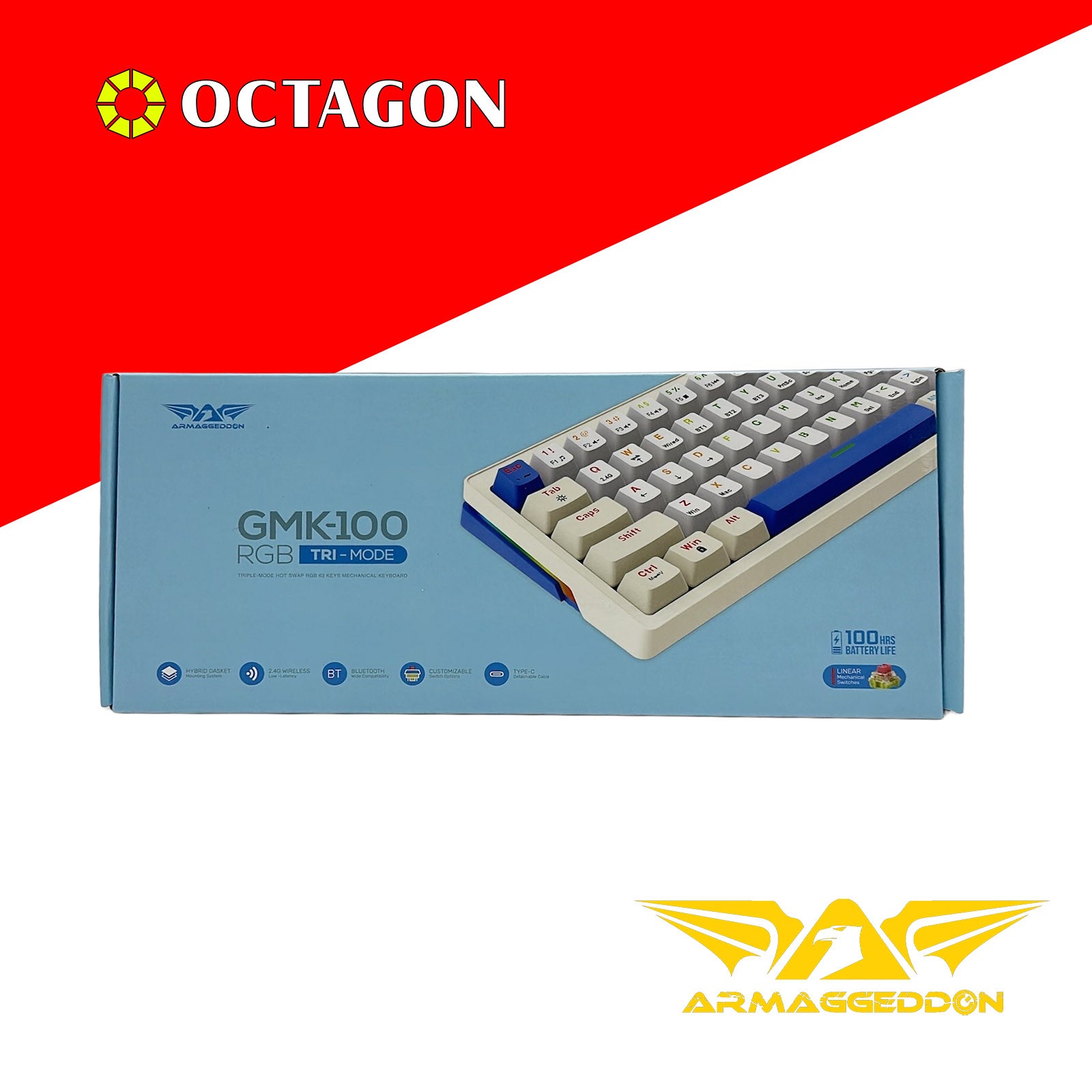 ARMAGGEDDON GMK-100  RGB TRIPLE MODE HOT SWAP MECH GAMING KEYBOARDS / 63 KEYS