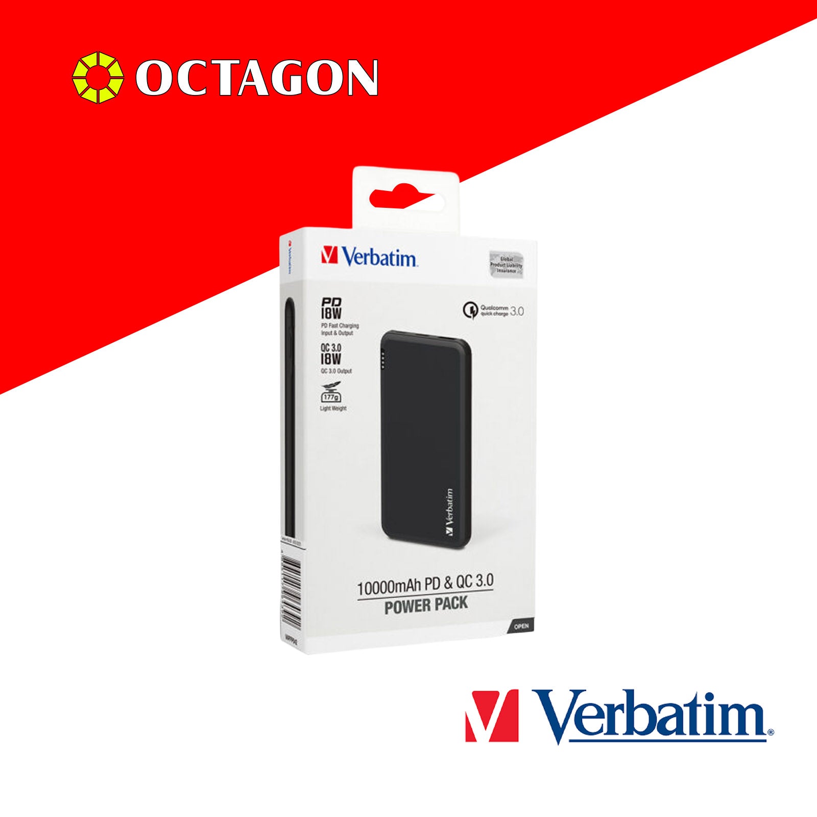 VERBATIM 66439 10000MAH LIGHTWEIGHT POWER PACK PD 18W + QC 3.0 18W (GREY)