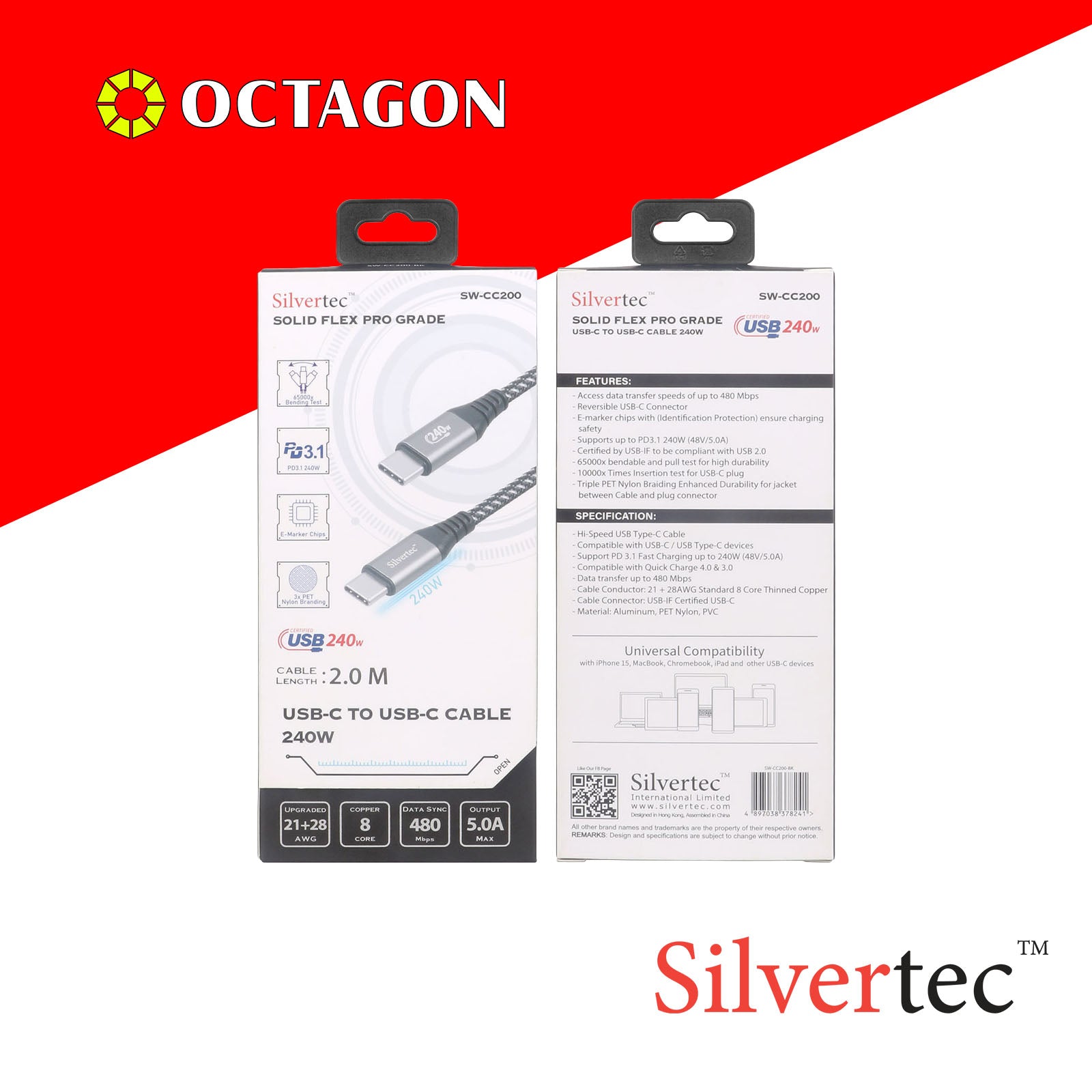 SILVERTEC SW-CC200-BK USB-C 2M 240W CABLE