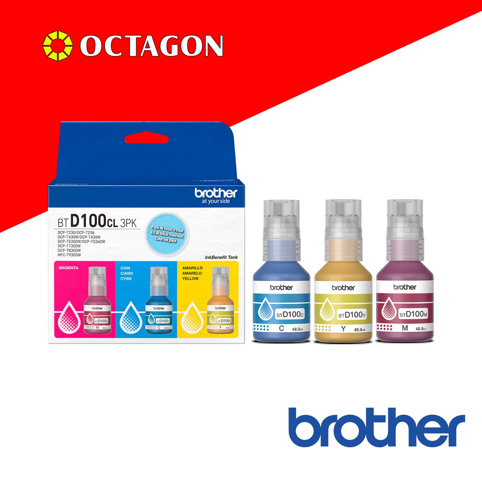 BROTHER BTD100CL3PK COLORED 3 PACK INK BOTTLE
