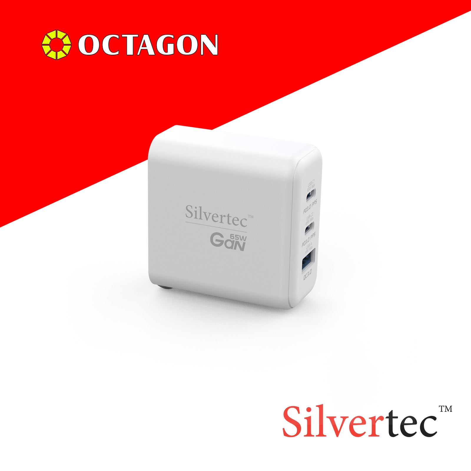 SILVERTEC ST-GW65 65W 3-PORT PD GAN WALL CHARGER 2-USB-C & USB-A WHITE US PLUG