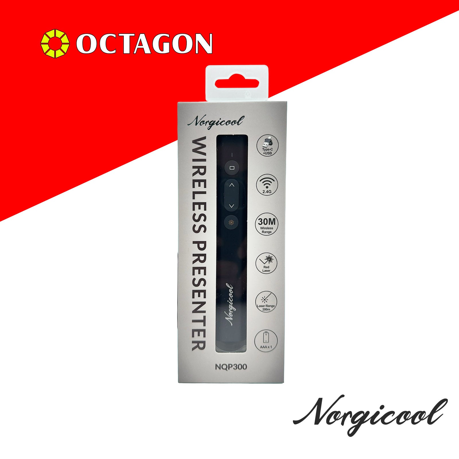 NORGICOOL NQP300 WIRELESS PRESENTER 30M AAA*1 WITH TYPE C AND USB DONGLE BLACK