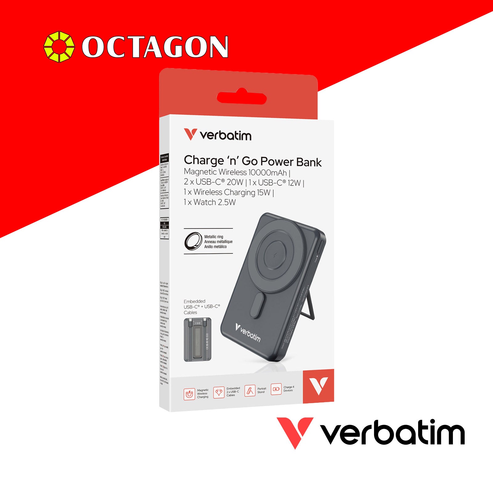 VERBATIM CHARGE N GO 10000MAH 5IN1 MAGNETIC WIRELESS CHARGER W/ STAND PD20W MWC15W TYPE 2 X2 VERSION CABLE (32254 GREY)(32271TITANIUM)(32270PURPLE)