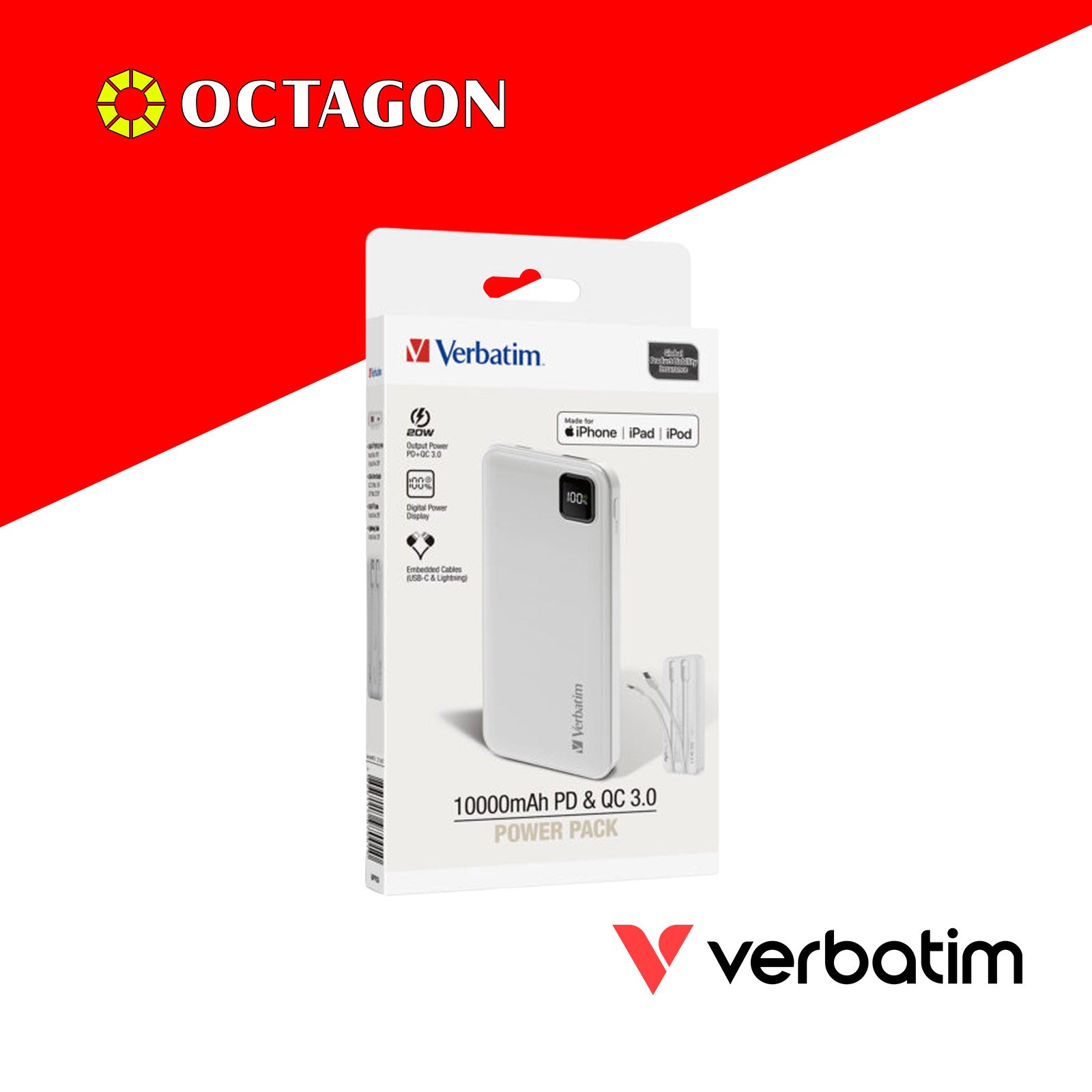 VERBATIM 67001 WHITE CHARGENGO 10K MAH 22.5W POWERBANK W/ BUILT-IN LIGHTNING & TYPE-C CABLE + DIGITAL DISPLAY PD20W / QC3.0 18W / SUPERCHARGE 22.5W