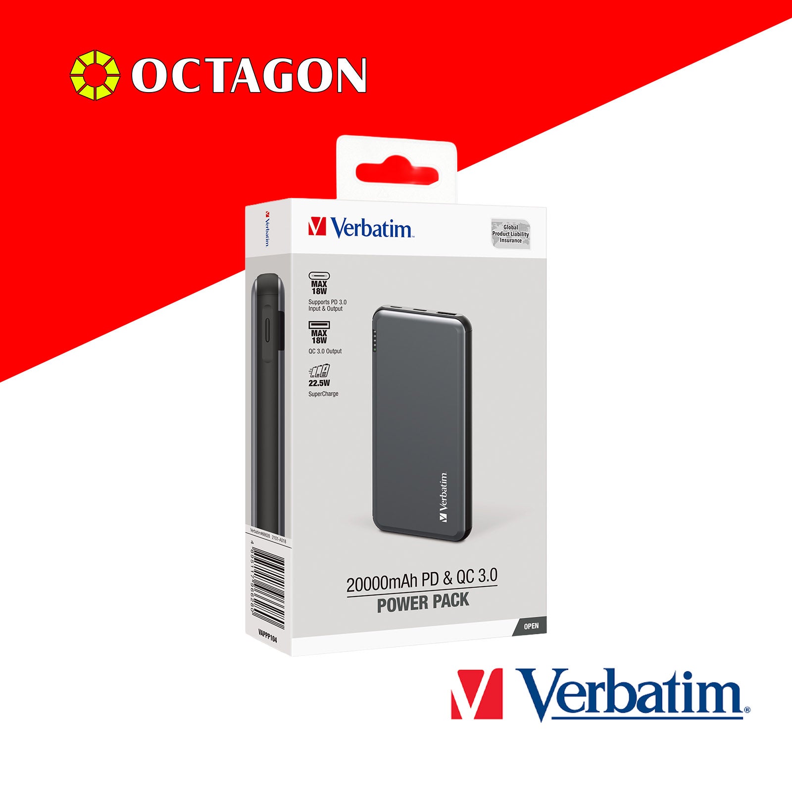 VERBATIM 66628 POWER BANK 20000MAH / 22.5W ALUMINIUM - PD + QC3.0 (GREY)