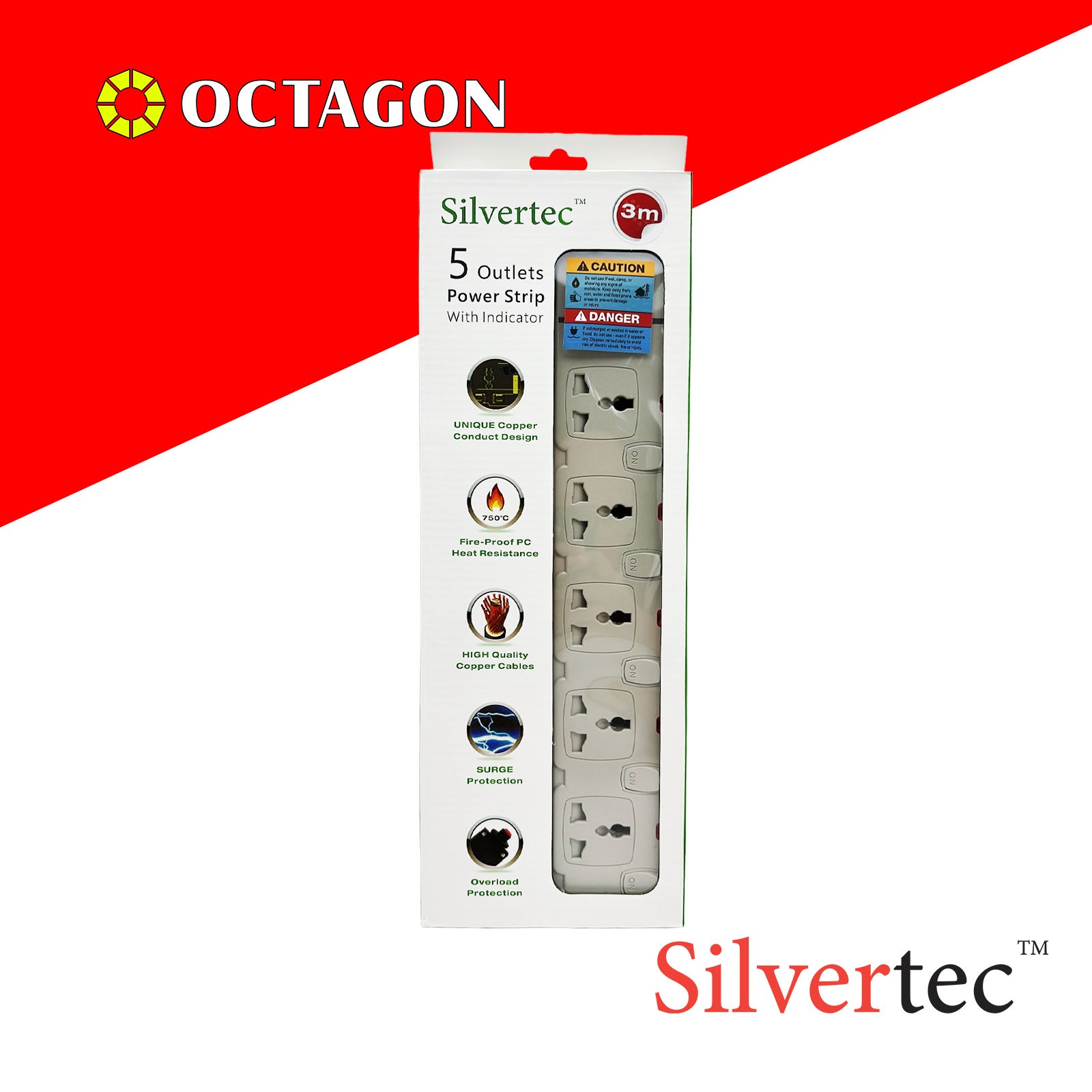 SILVERTEC NEW SV29-3M  5-OUTLET UNIVERSAL PLUG/ 5-SWITCH/ 3M/ 10A/ 2500W/ 250V IVORY POWER STRIP W/ SURGE PROTECTION