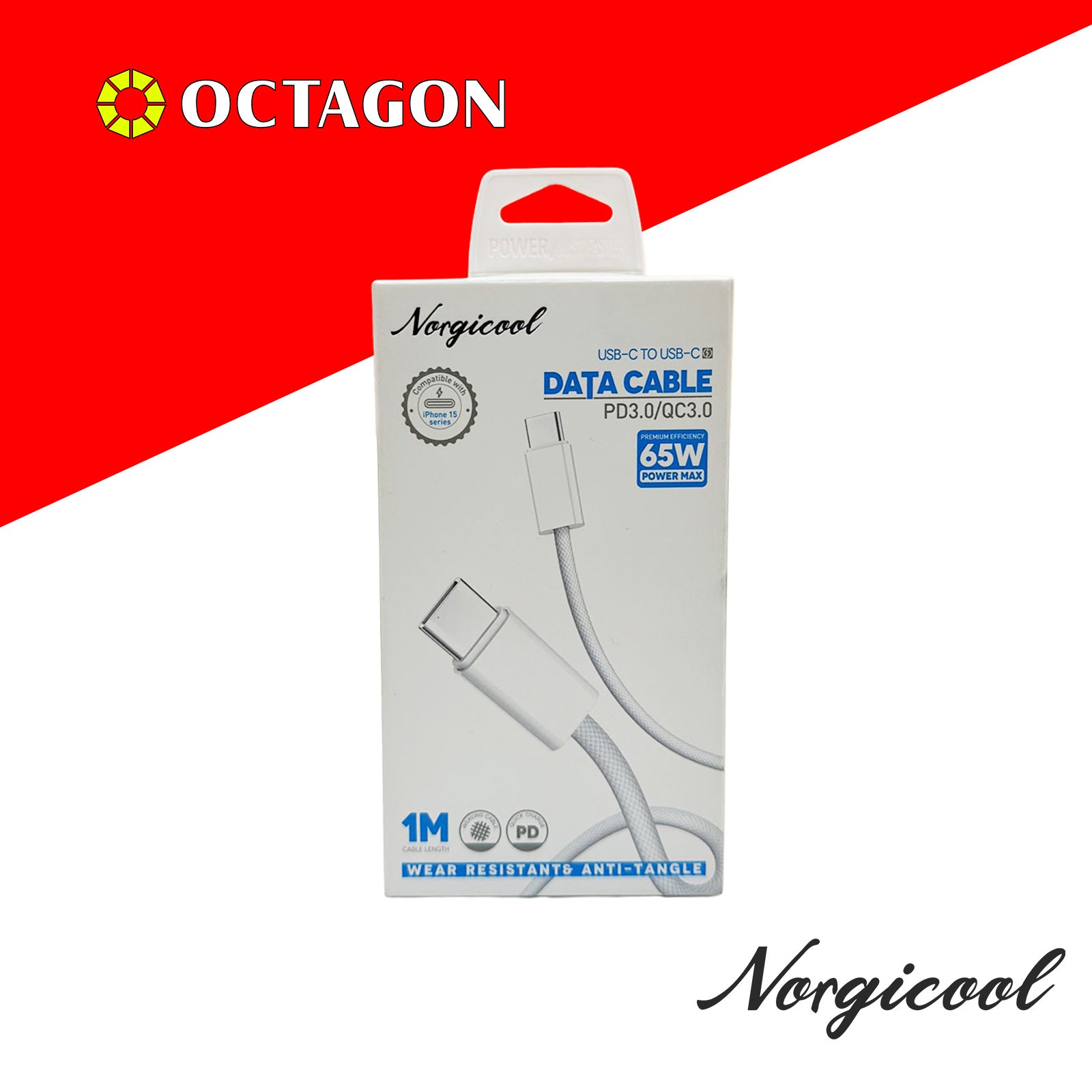 NORGICOOL NLC901 65W PD USB-C/C CABLE 1M C-C15 WEAR RESISTANT & ANTI-TANGLE