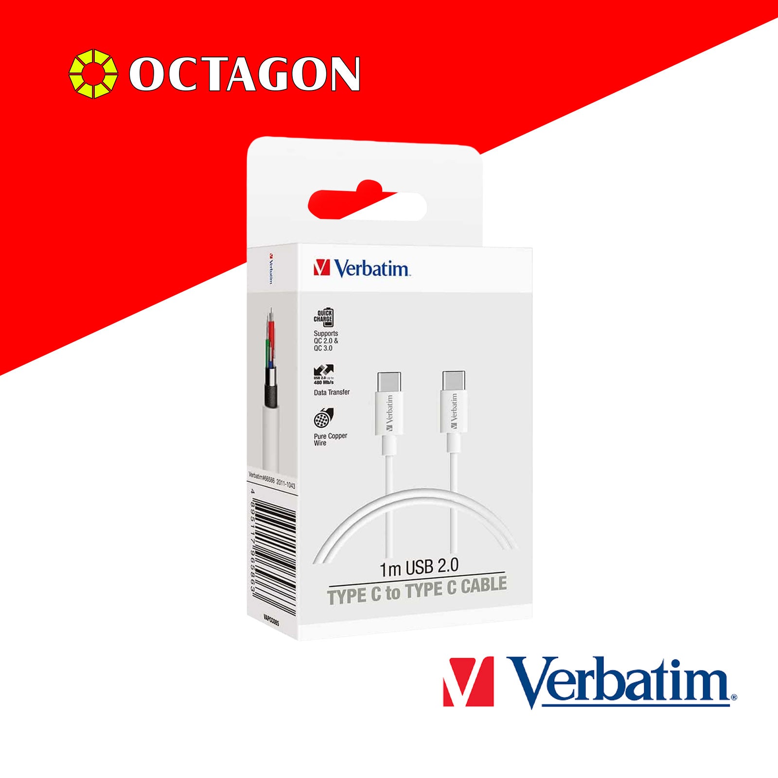 VERBATIM 66586 SYNC & CHARGE TYPE-C TO TYPE-C CABLE (PD60W & 480MBPS) 100CM (WHITE)