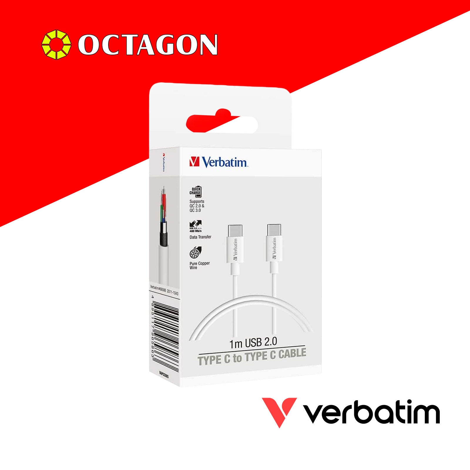 VERBATIM 66586 SYNC & CHARGE TYPE-C TO TYPE-C CABLE (PD60W & 480MBPS) 100CM (WHITE)