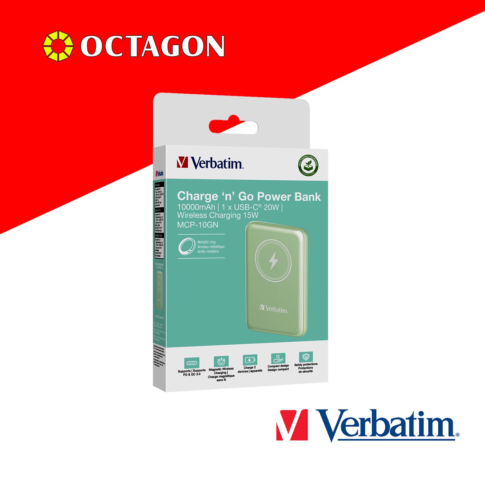 VERBATIM 32246 MAGNETIC WL 10000 MAH POWER PACK MCP - PD 20W MWC 15W GREEN