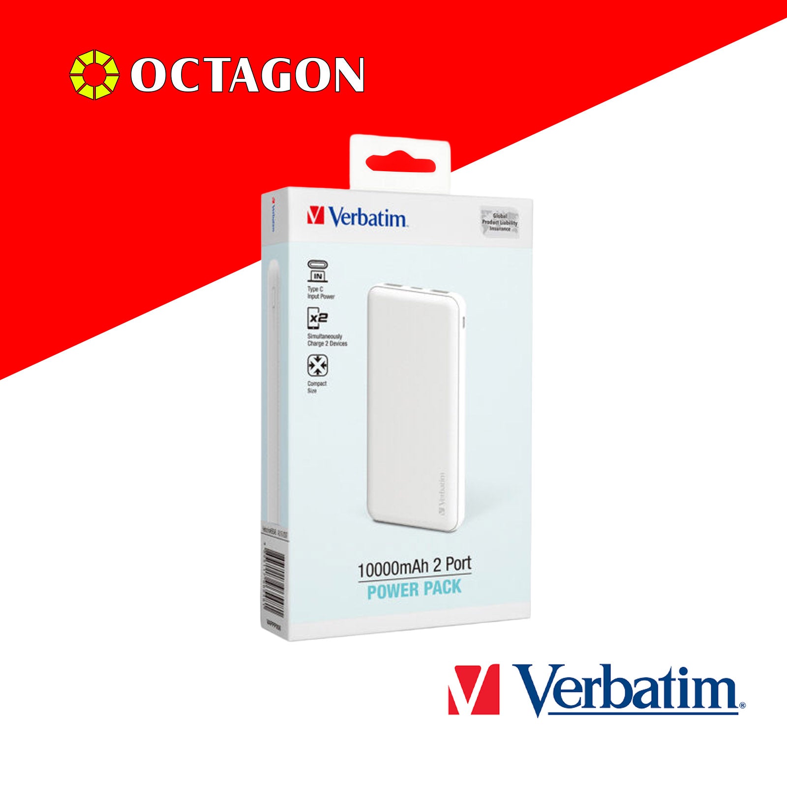 VERBATIM 66548 GRID PATTERN POWER BANK DUAL 10000 MAH INPUT/OUTPUT (TYPE-C AND MICRO USB POWER INPUT) WHITE