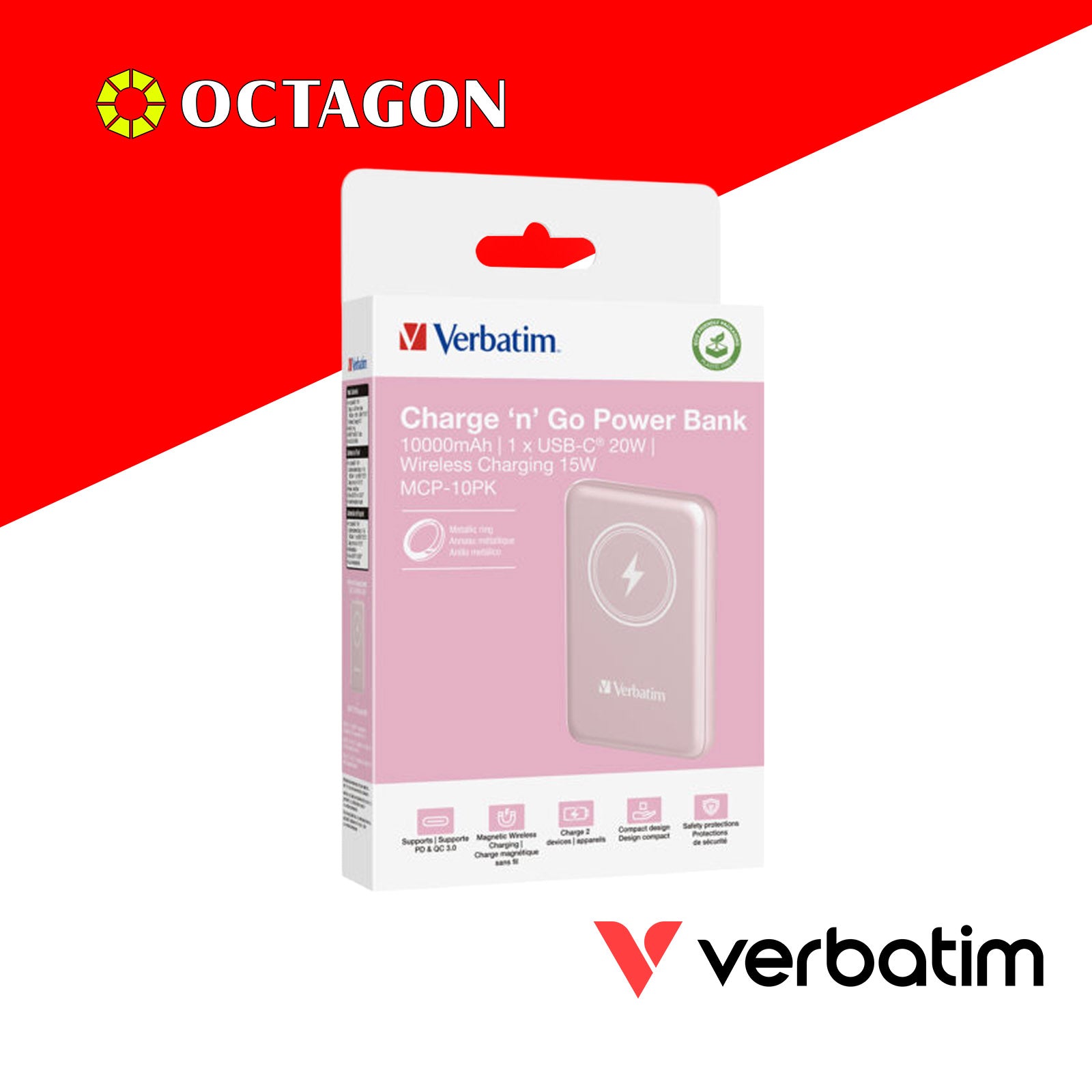 VERBATIM 32248 MAGNETIC WL 10000 MAH POWER PACK MCP - PD 20W MWC 15W PINK